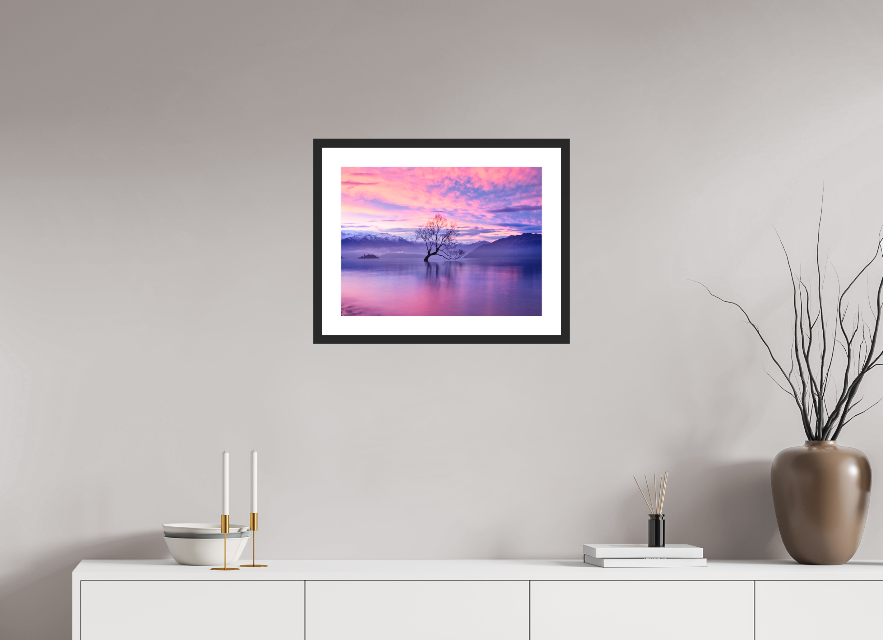 20 x 15″, Passe-Partout Black Frame Wanaka II: The Wanaka Tree Beneath a Brilliant Sunset