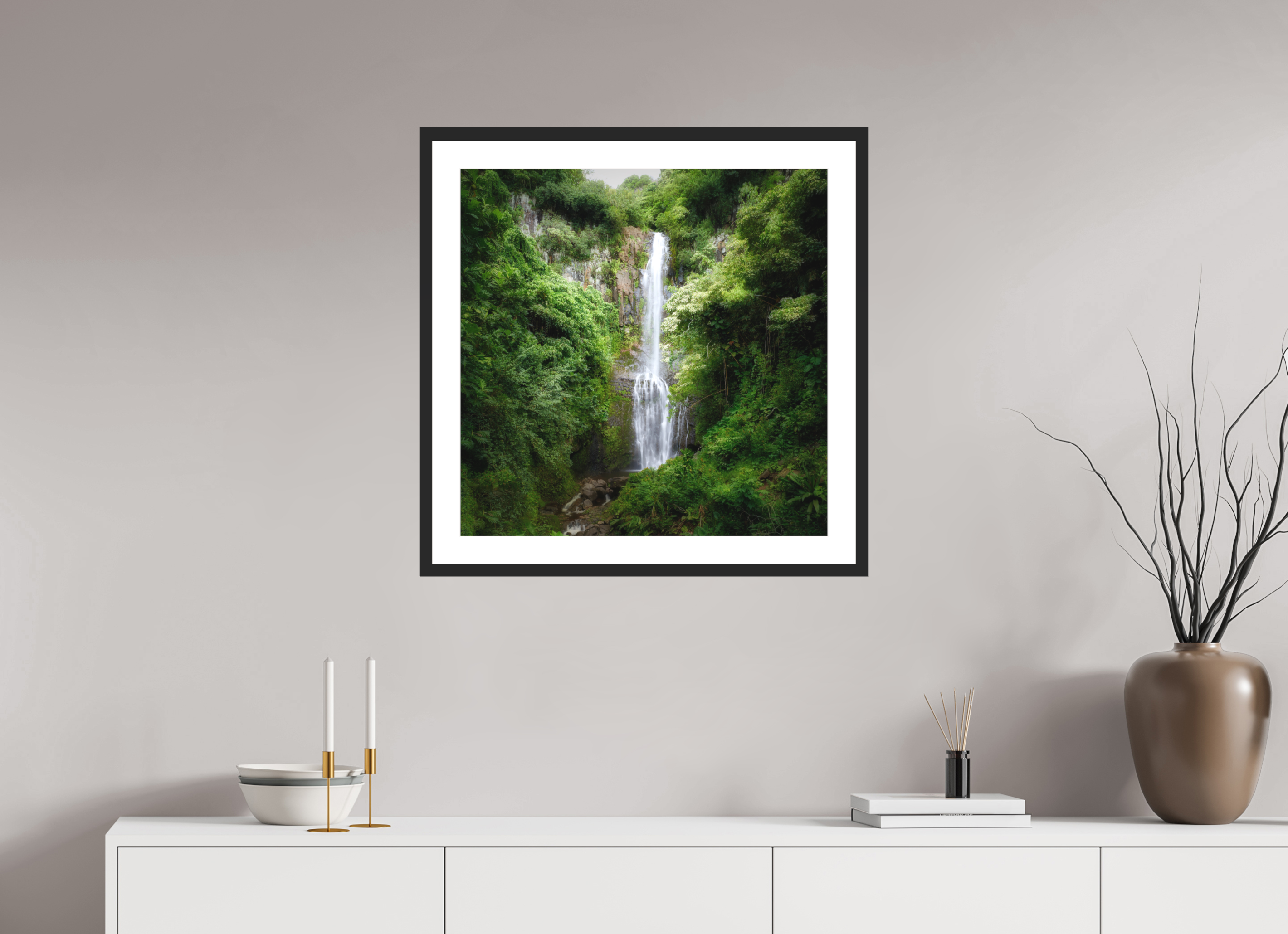 25 x 25″, Passe-Partout Black Frame Maui's Makahiku Falls