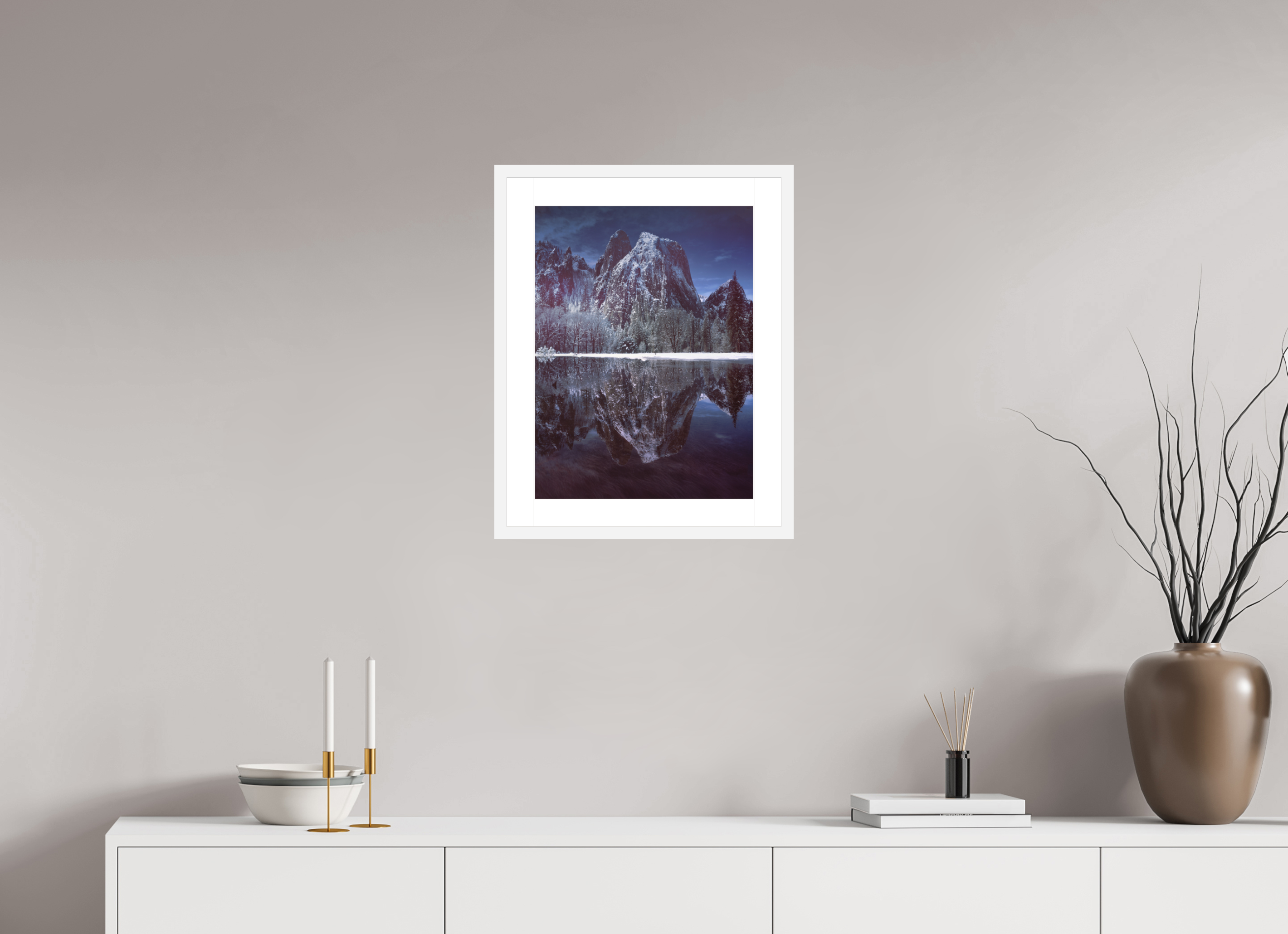 15 x 20″, Passe-Partout White Frame Cathedral Rocks & Reflection in Snow