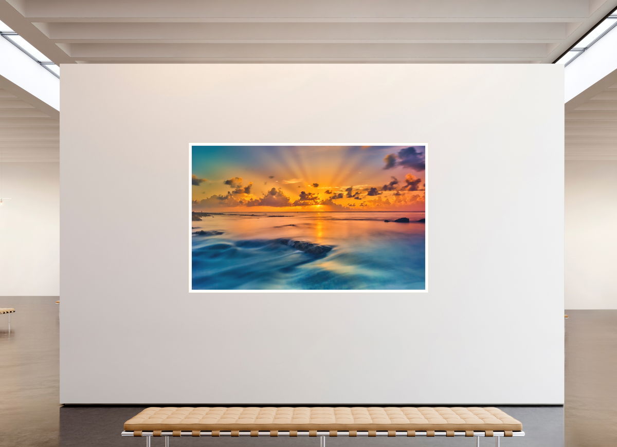 95.6 x 59″, Bonded Acrylic Mat + Gold Frame Diluvian: Bora Bora Reefside Sunrise