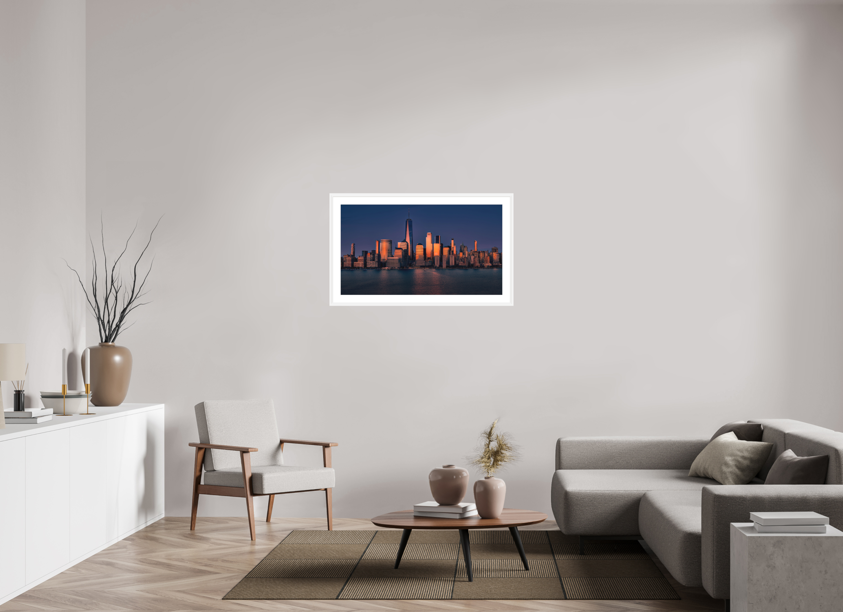 40 x 22.5″, Passe-Partout White Frame Manhattan Reflects the End of the Day