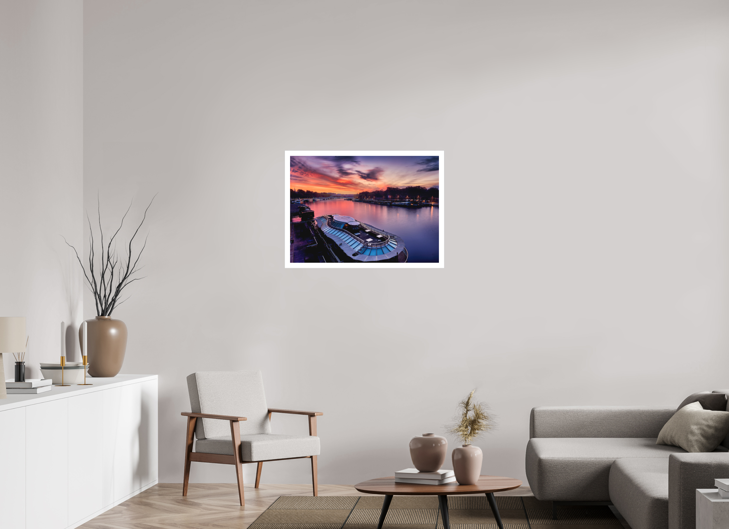 33.5 x 24″, Fine Art Bonded Acrylic Canal Boats On the River Seine at Dawn