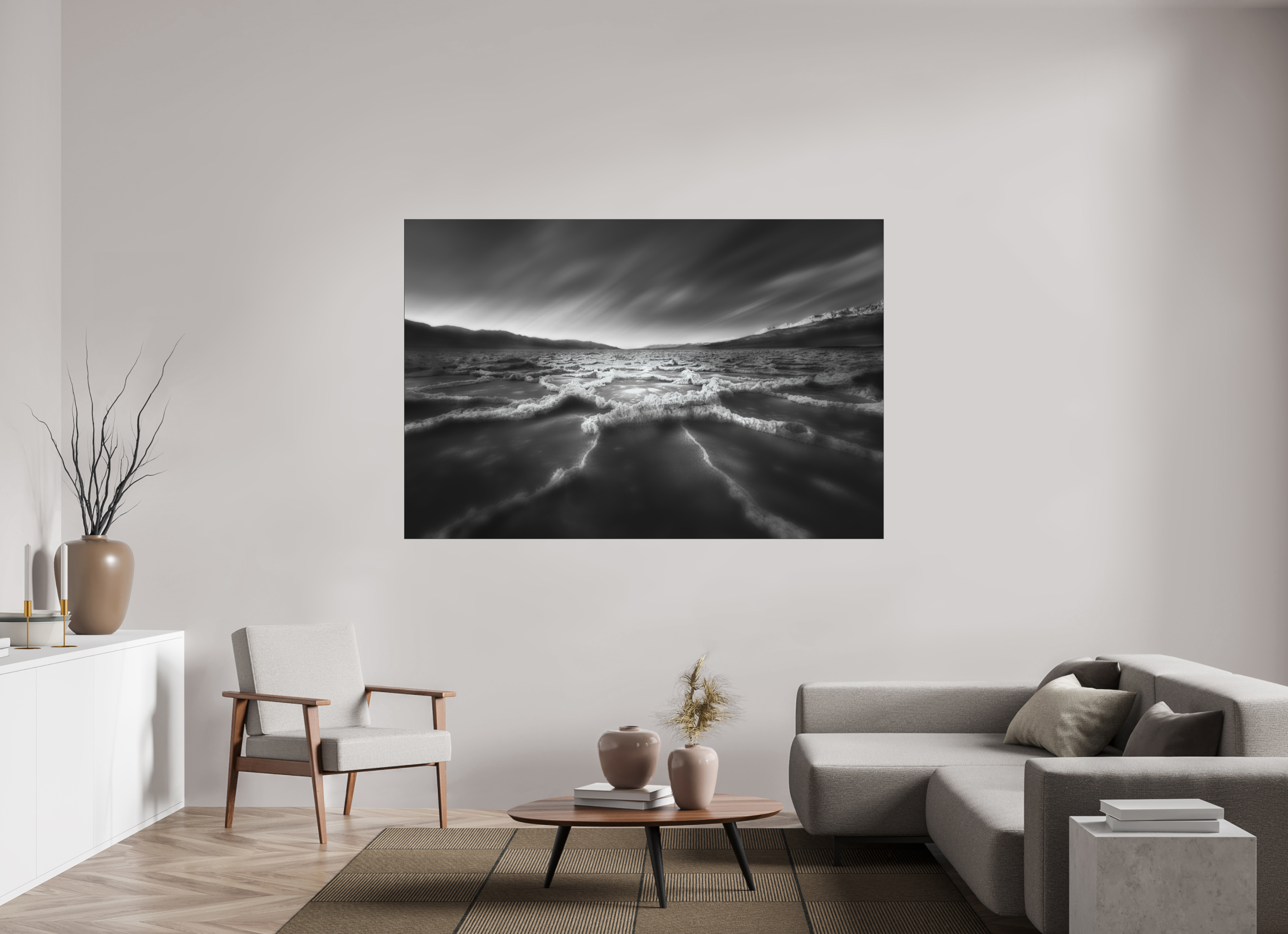 75 x 50″, Bonded Acrylic Black Frame Death Valley's Badwater Basin in Monochrome