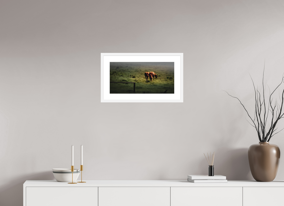 20 x 10″, Passe-Partout White Frame Upcountry Maui: Horses in Mist & Light