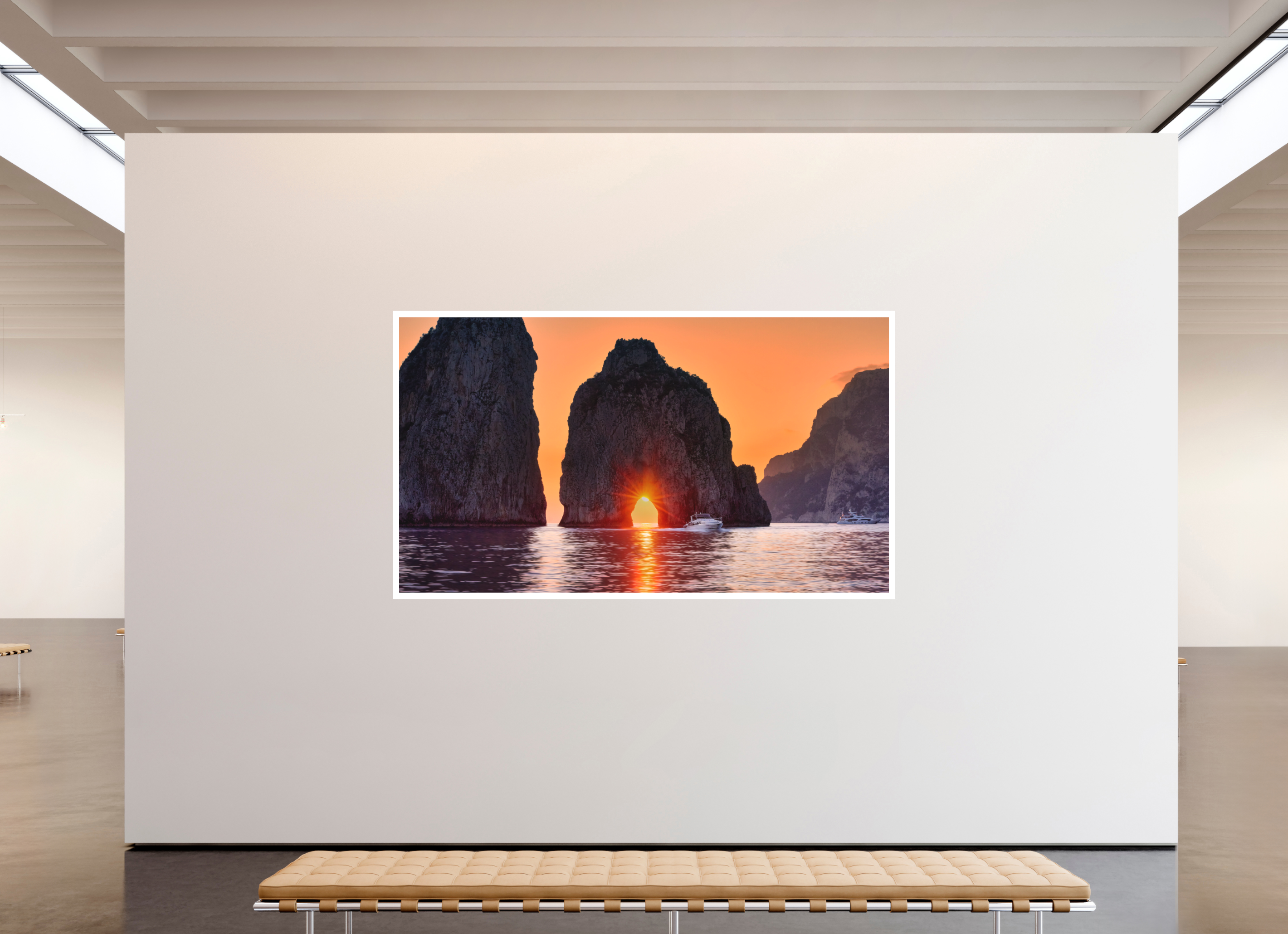 96 x 54″, Bonded Acrylic Mat + White Frame Leaving Capri—Faraglioni Sunstar at Sunset