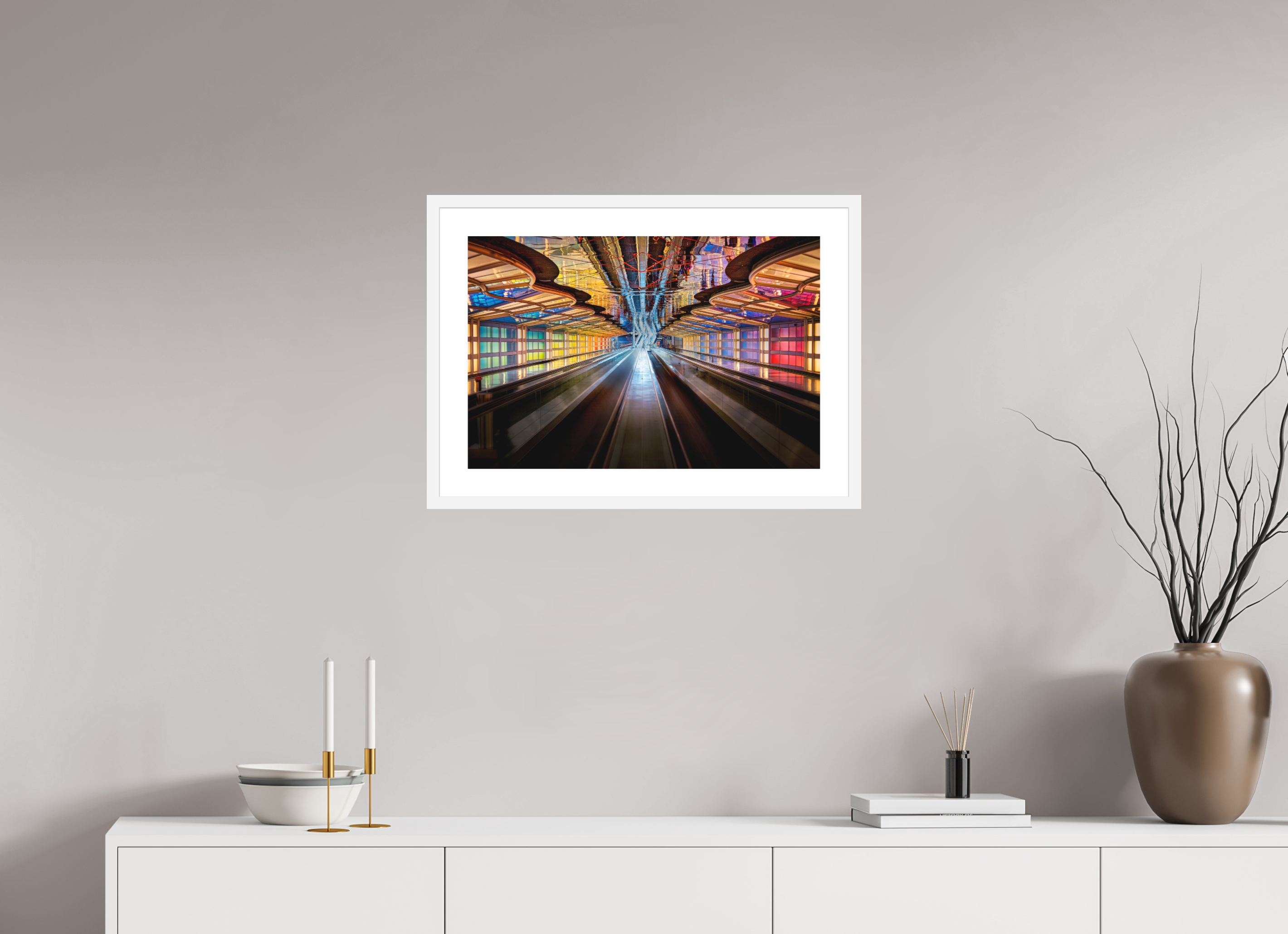 24 x 16″, Passe-Partout White Frame Chicago O'Hare Airport's Neon Walkway