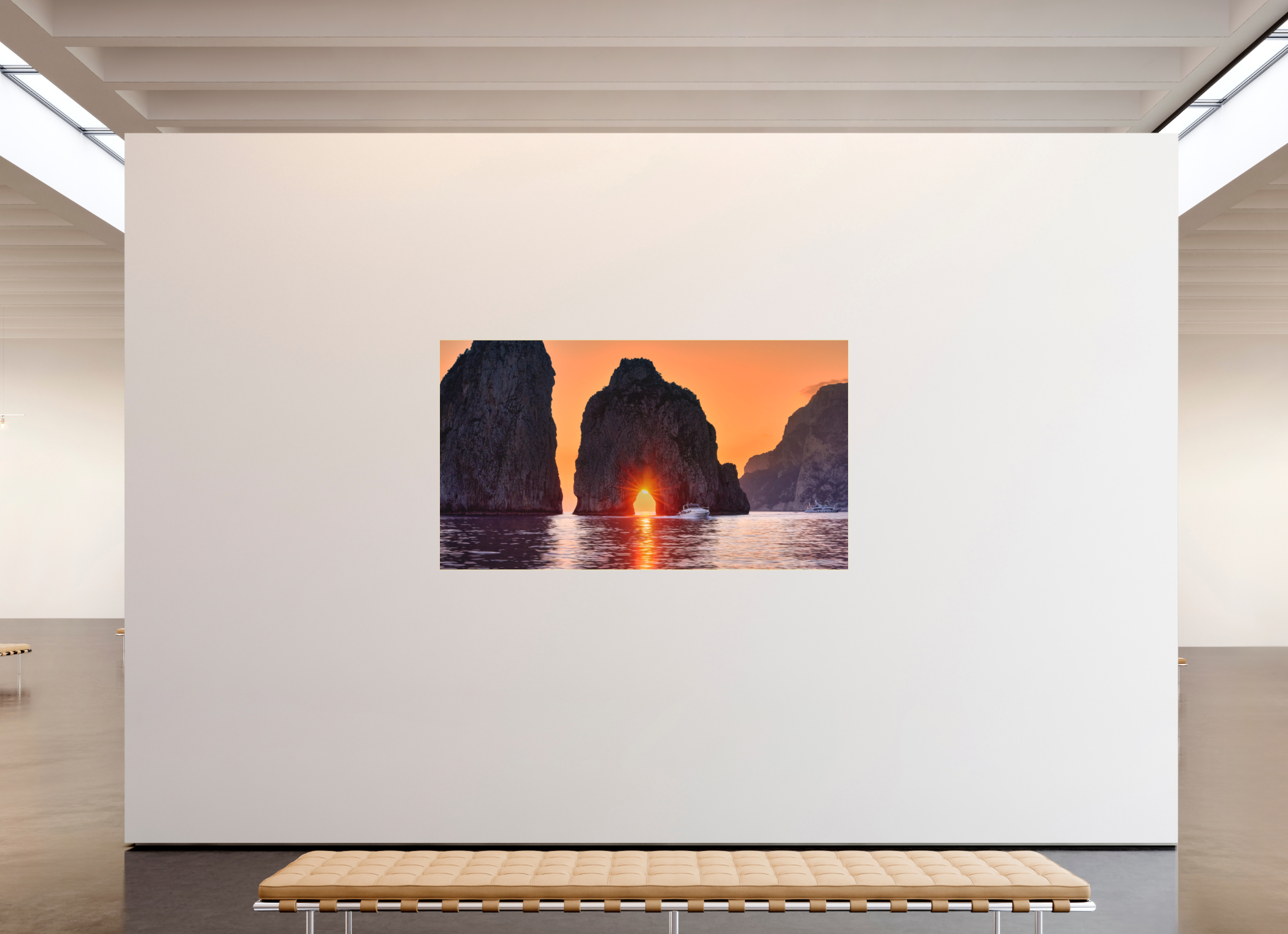 80 x 45″, Bonded Acrylic Gold Frame Leaving Capri—Faraglioni Sunstar at Sunset