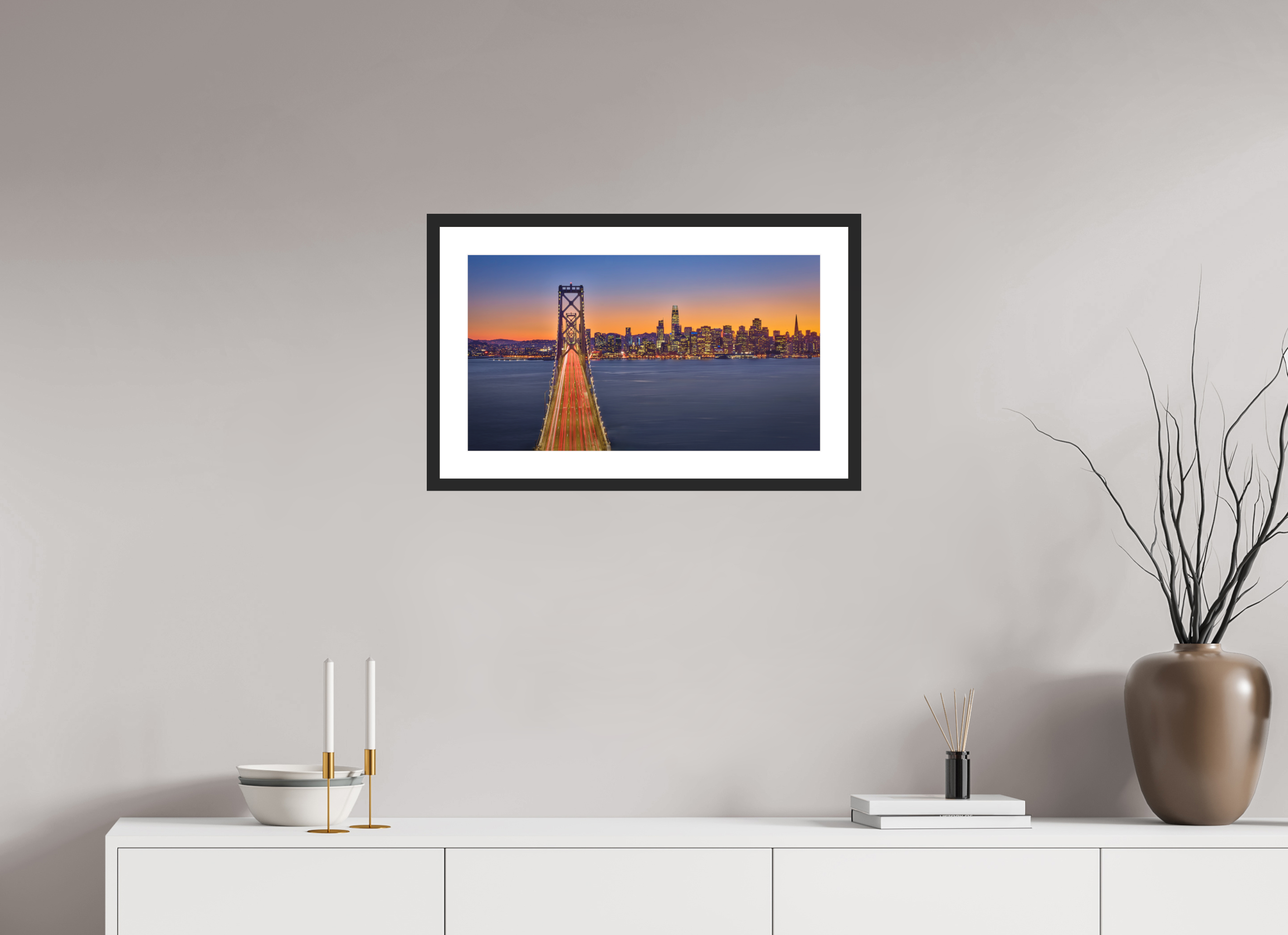 24 x 13.5″, Passe-Partout Black Frame Bay Bridge & Sunset Over San Francsico
