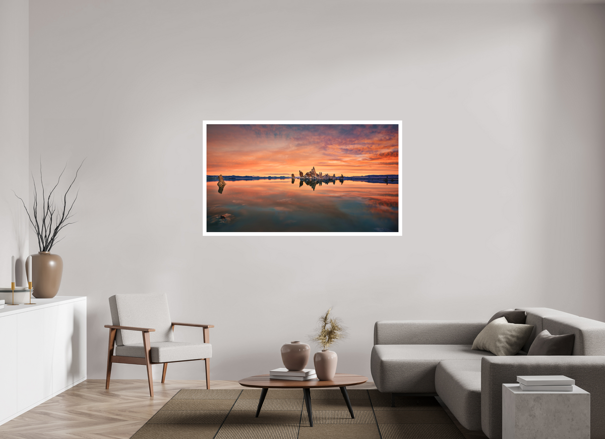 64 x 36″, Bonded Acrylic Mat + White Frame Reflekto: Mono Lake's South Tufa