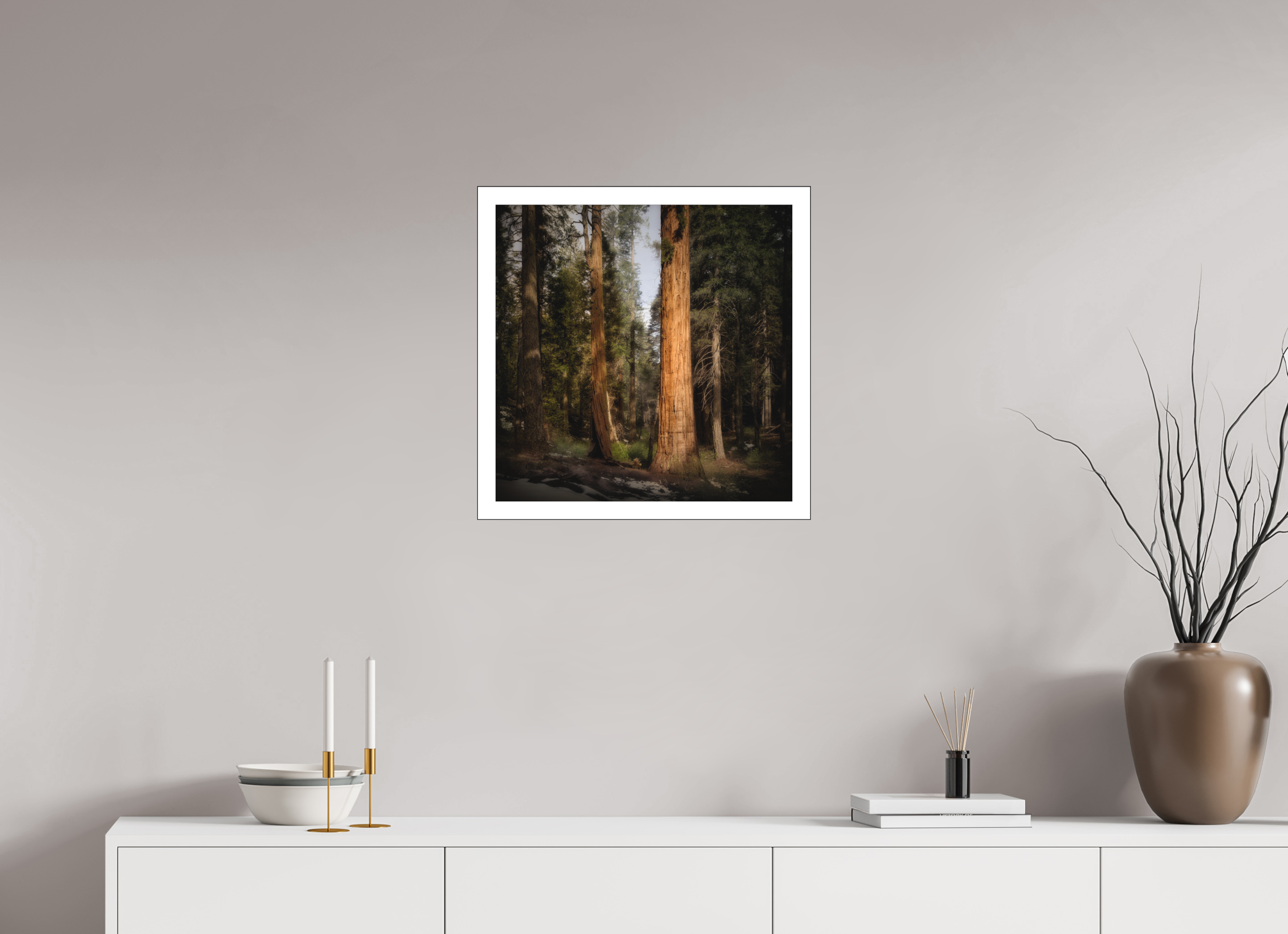20 x 20″, Bonded Acrylic Mat + Black Frame Northern Sentinels I: The Placer County Sequoias