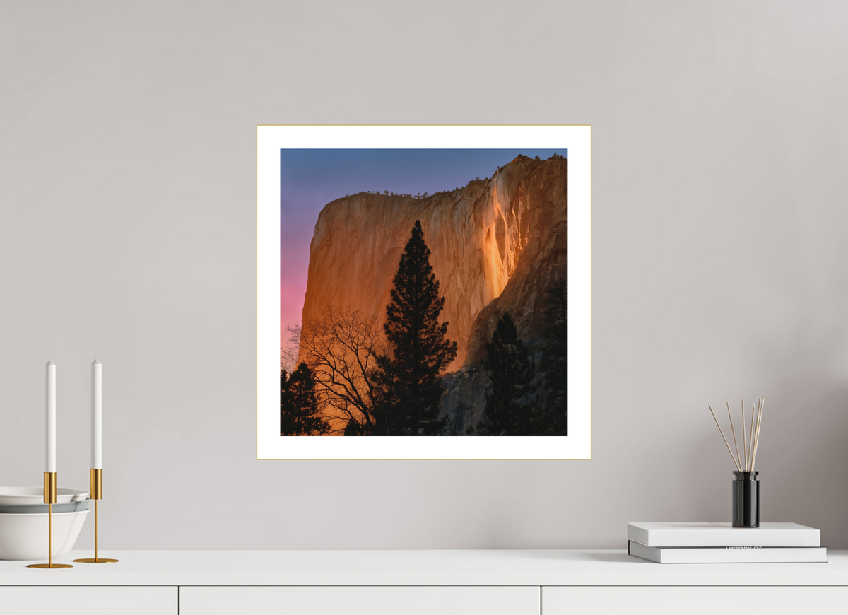 15 x 15″, Bonded Acrylic Mat + Gold Frame Horsetail Fall 2025