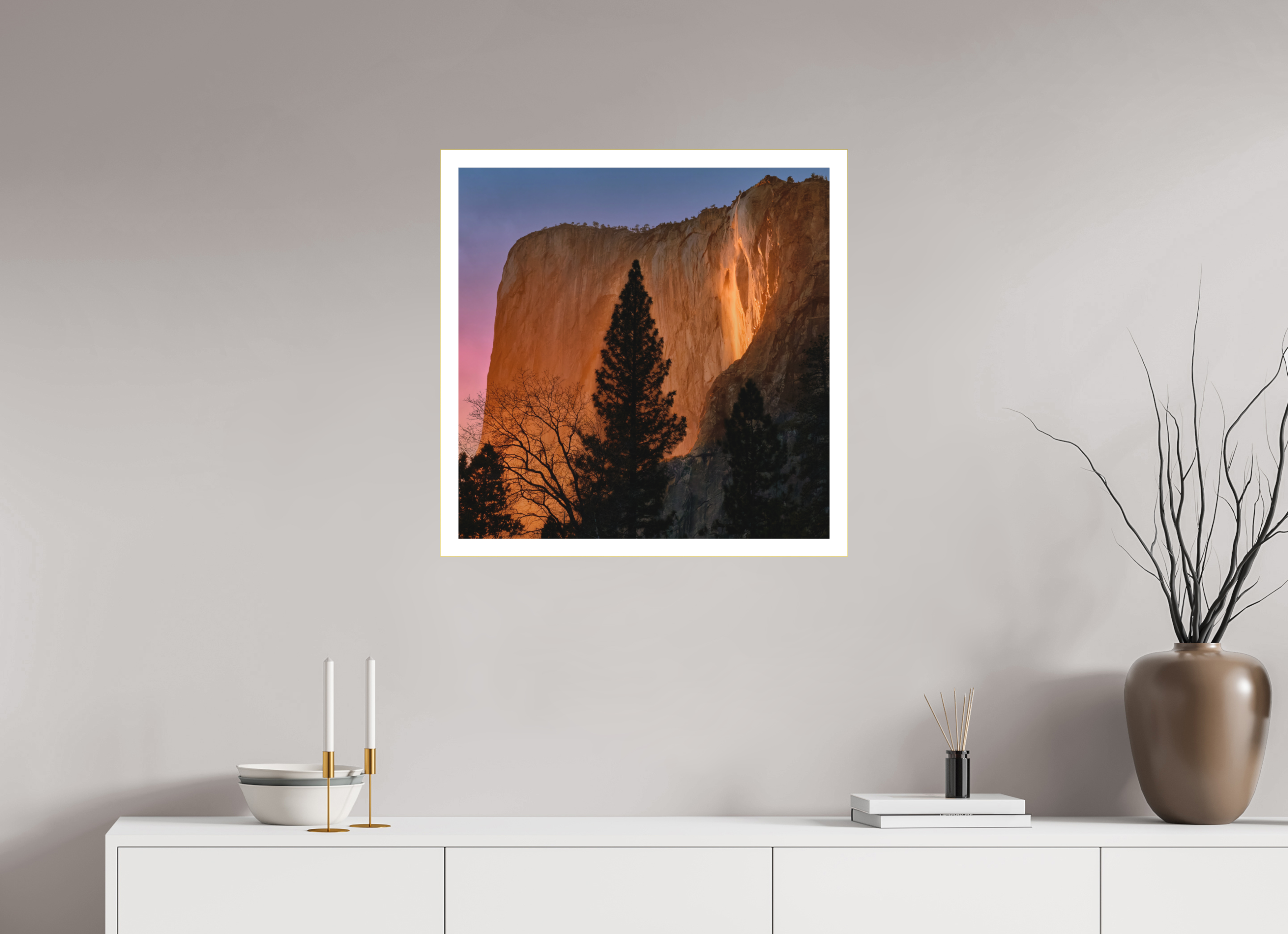 25 x 25″, Bonded Acrylic Mat + Gold Frame Horsetail Fall 2025