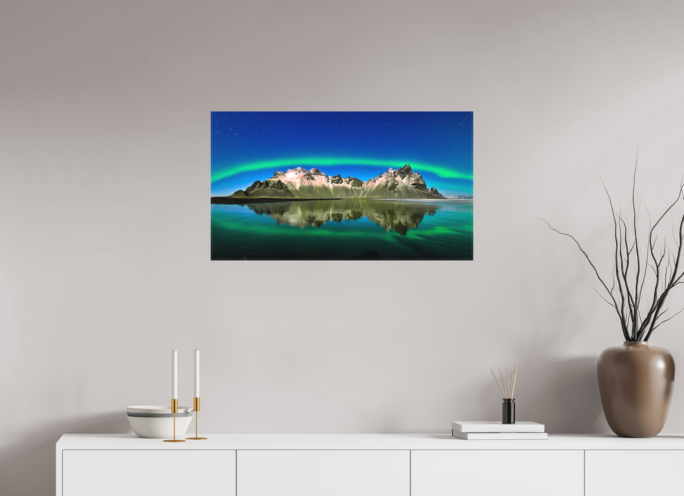 32 x 18″, Fine Art Textile Aurora Over Vestrahorn