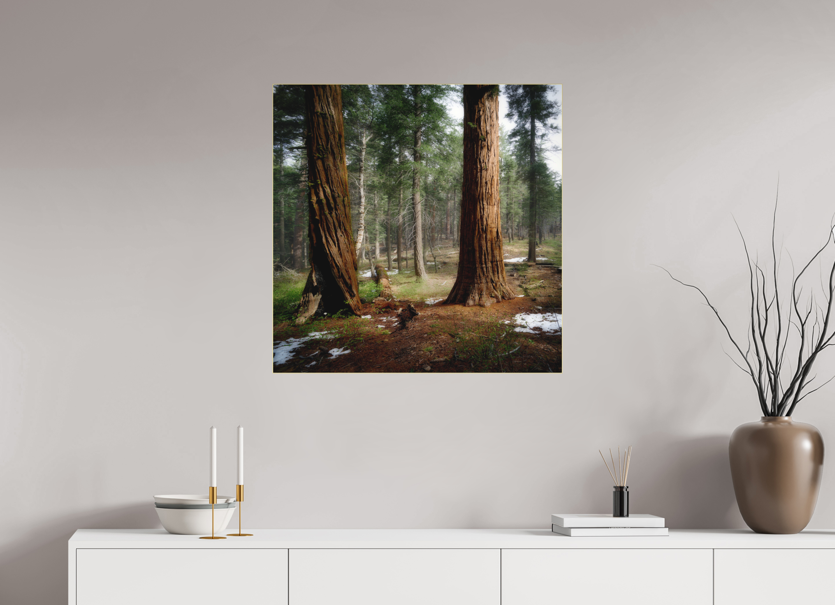 30 x 30″, Bonded Acrylic Gold Frame Northern Sentinels II: The Placer County Sequoias