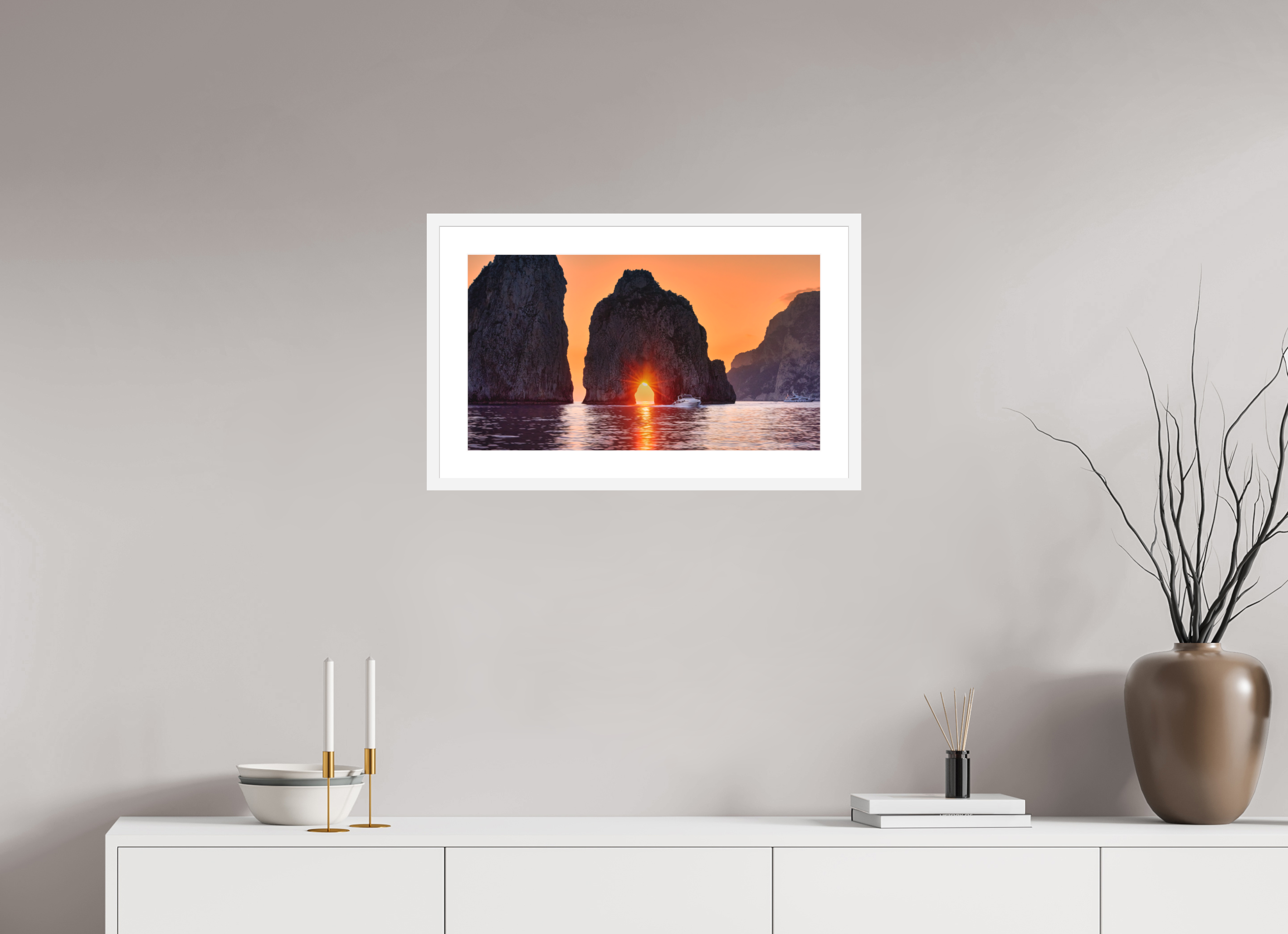 24 x 13.5″, Passe-Partout White Frame Leaving Capri—Faraglioni Sunstar at Sunset