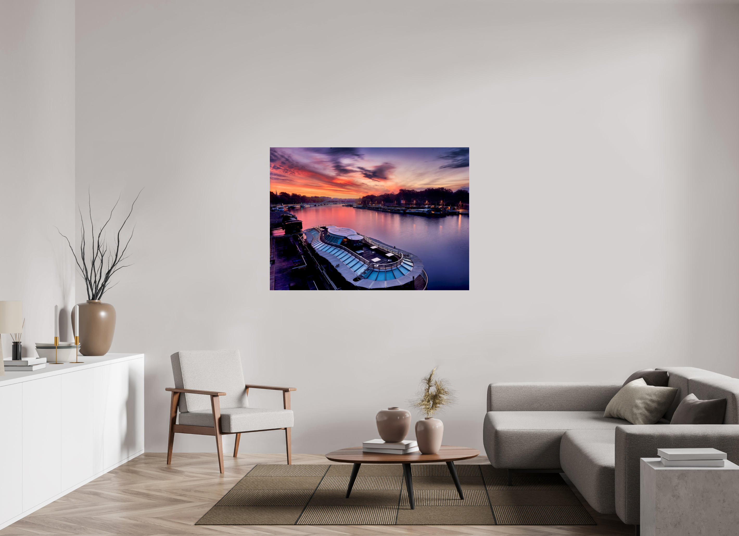 55.8 x 40″, Giclée Alu-Dibond Canal Boats On the River Seine at Dawn