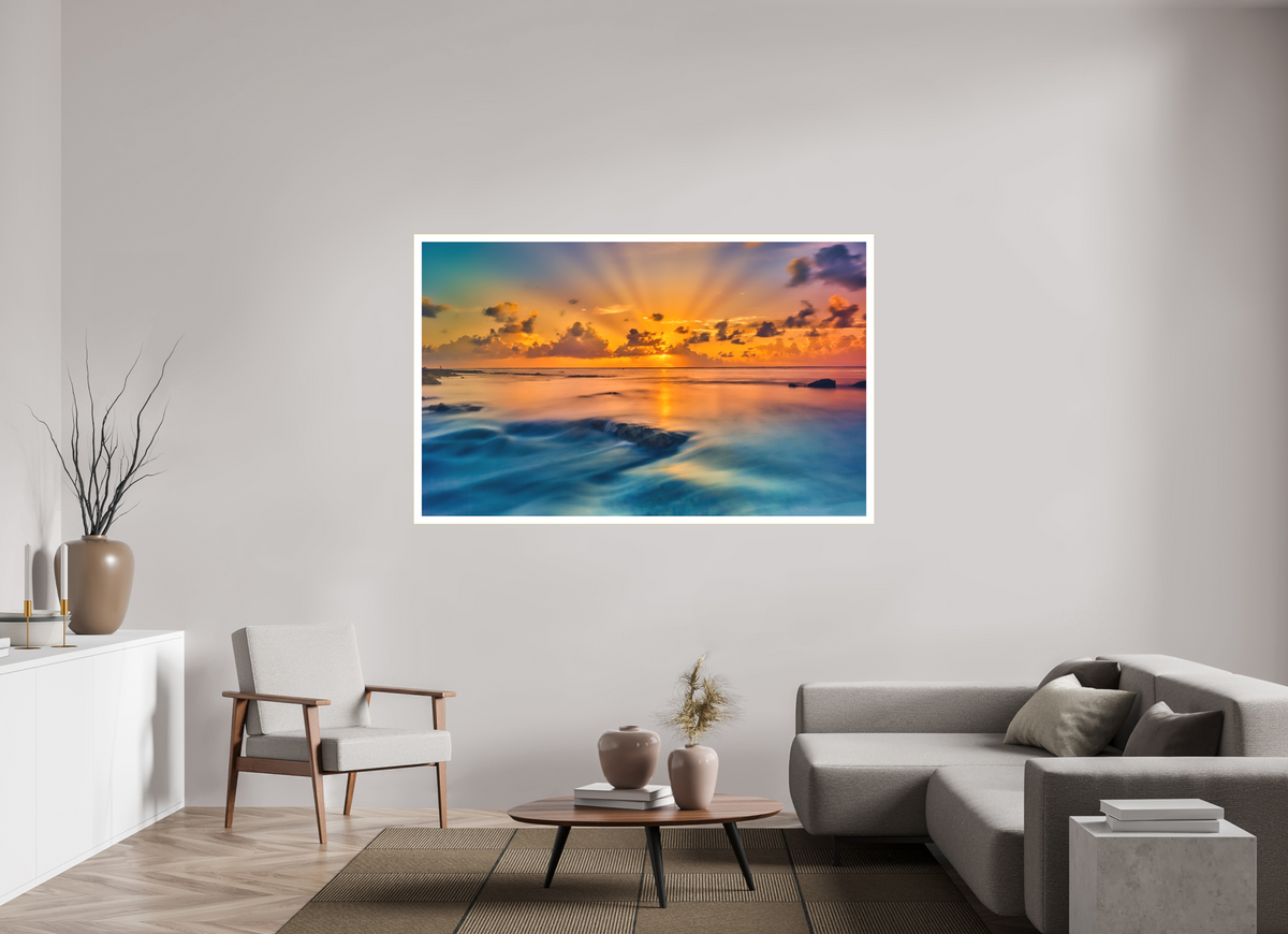 69.6 x 43″, Bonded Acrylic Mat + Gold Frame Diluvian: Bora Bora Reefside Sunrise