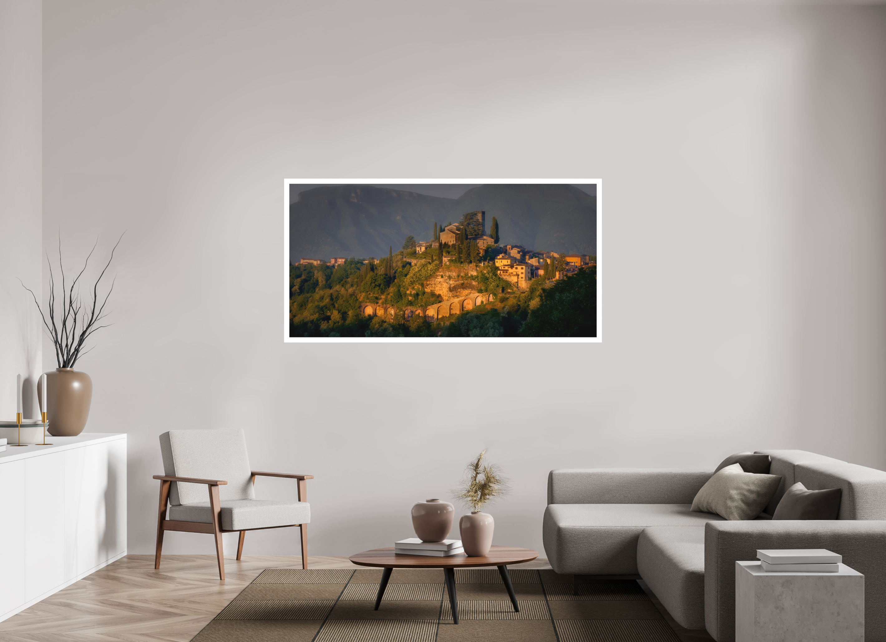 70 x 35″, Fine Art Bonded Acrylic Morning Glow on Barga, Tuscany