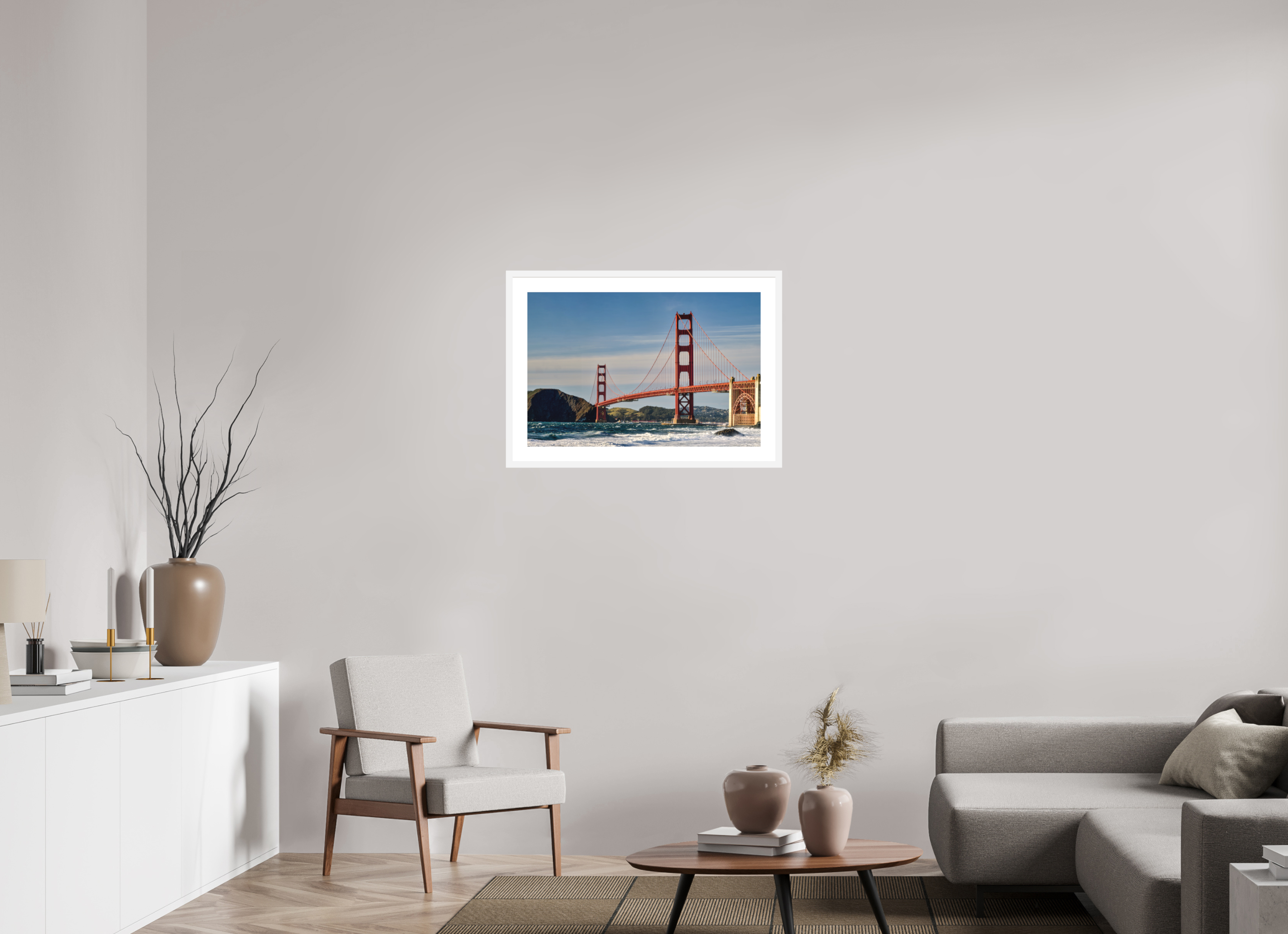 30 x 20″, Passe-Partout White Frame Golden Gate I: A Postcard View