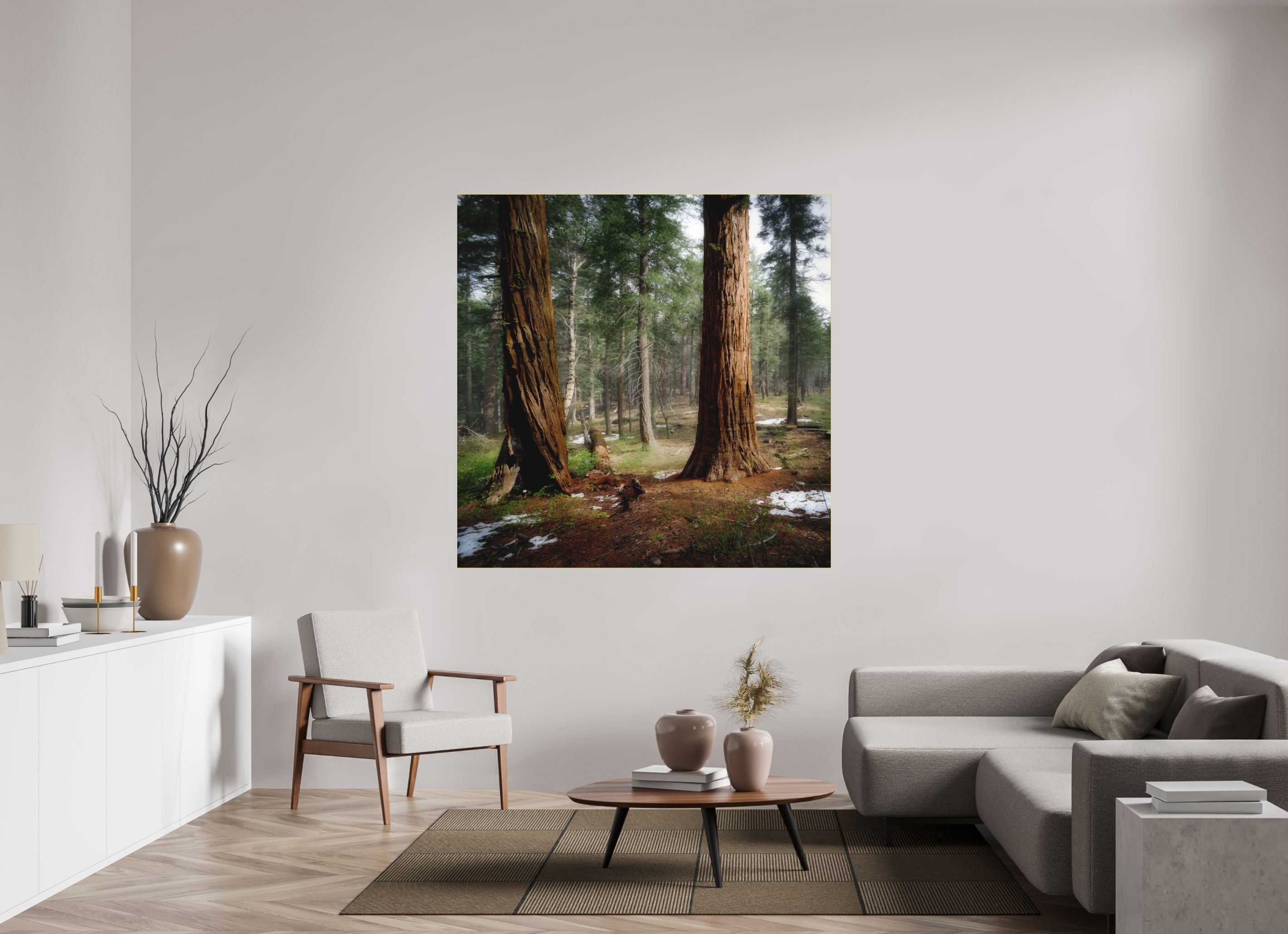60 x 60″, Bonded Acrylic Gold Frame Northern Sentinels II: The Placer County Sequoias