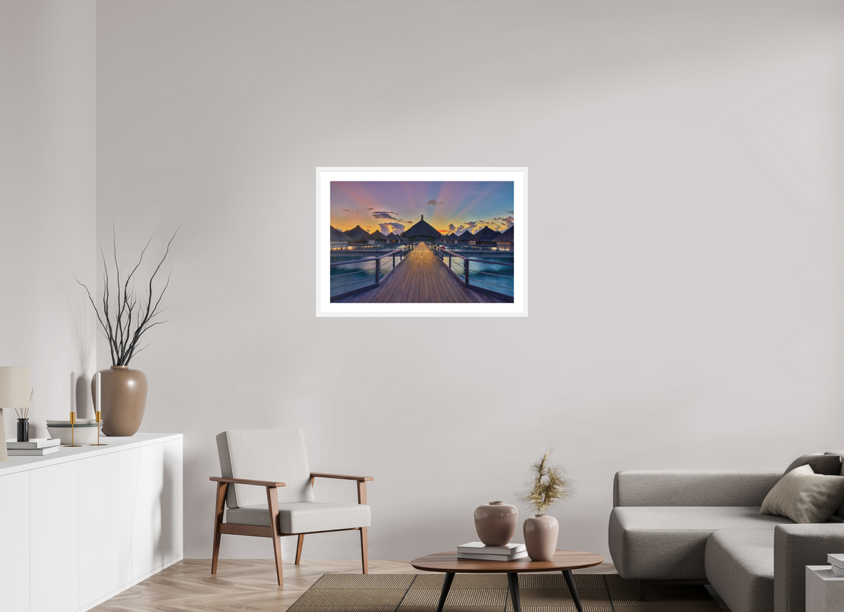 36 x 24″, Passe-Partout White Frame Sunrise Over Bora Bora Overwater Bungalows