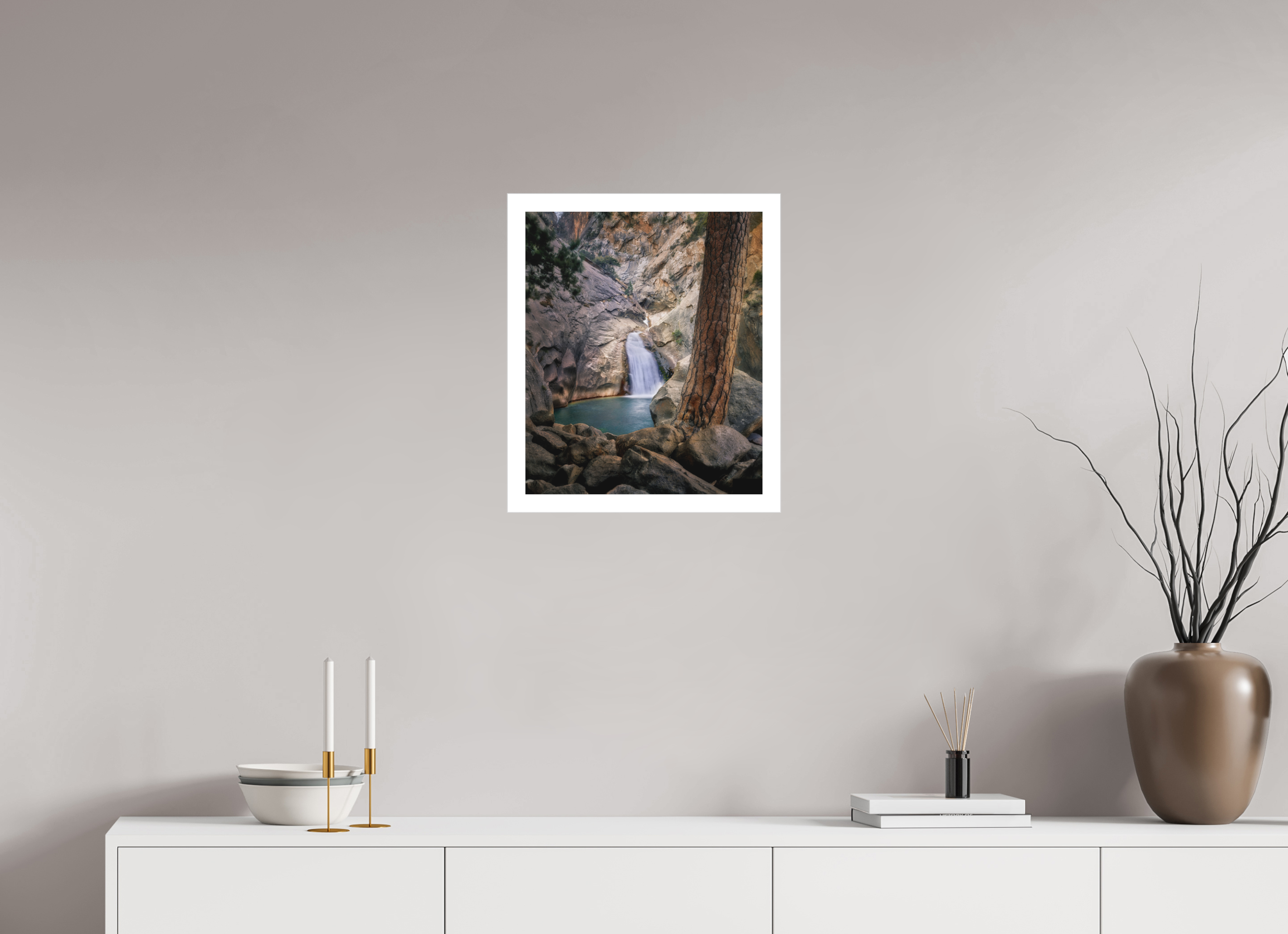 16 x 19.1″, Bonded Acrylic Mat + Silver Frame Roaring River Falls I —Kings Canyon