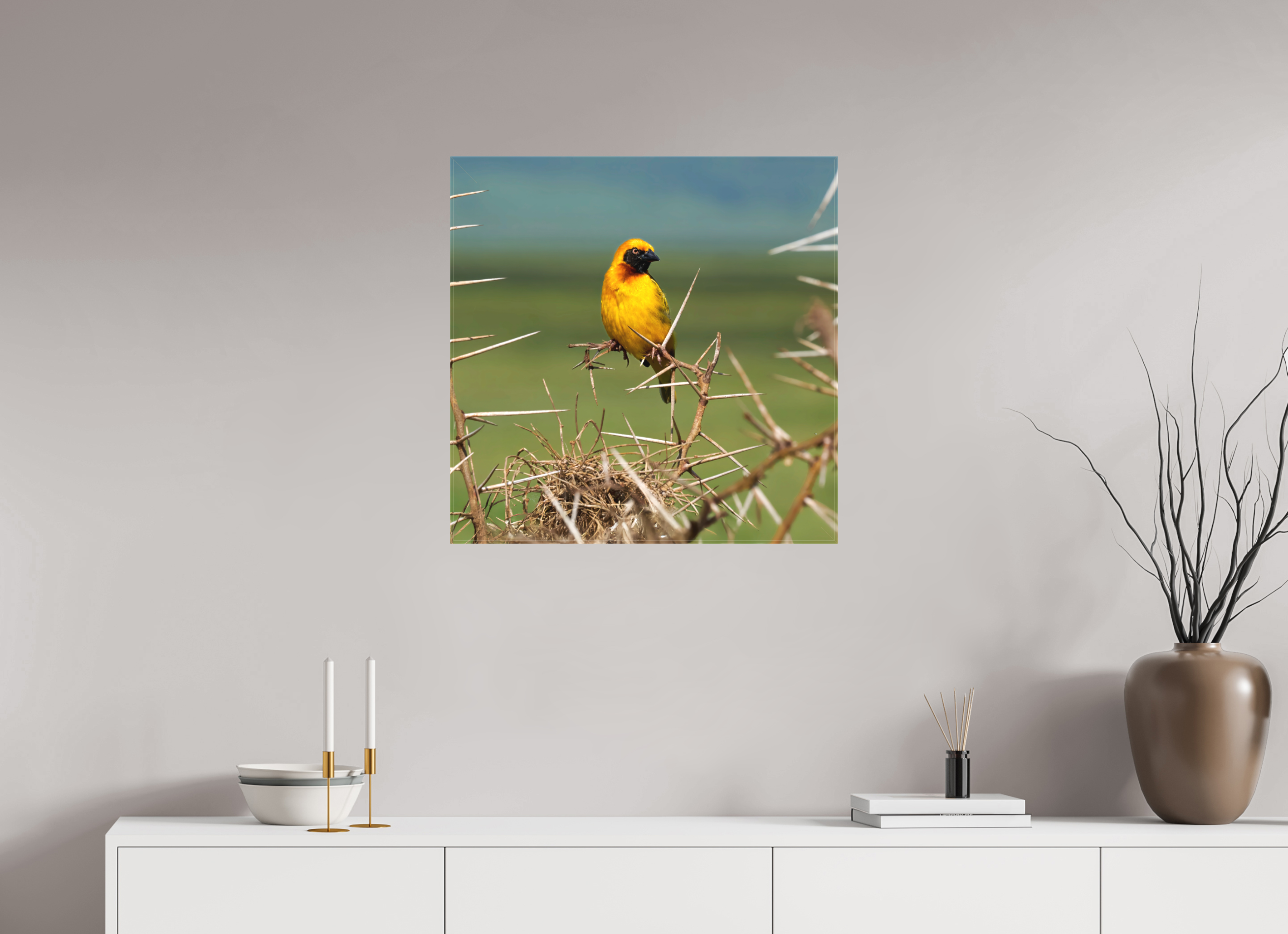 25 x 25″, Fine Art Textile Afrcan Golden Weaver