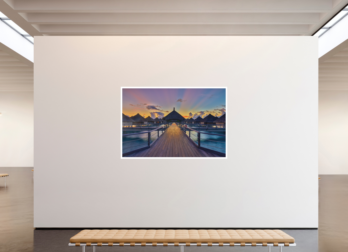 75 x 50″, Bonded Acrylic Mat + Silver Frame Sunrise Over Bora Bora Overwater Bungalows