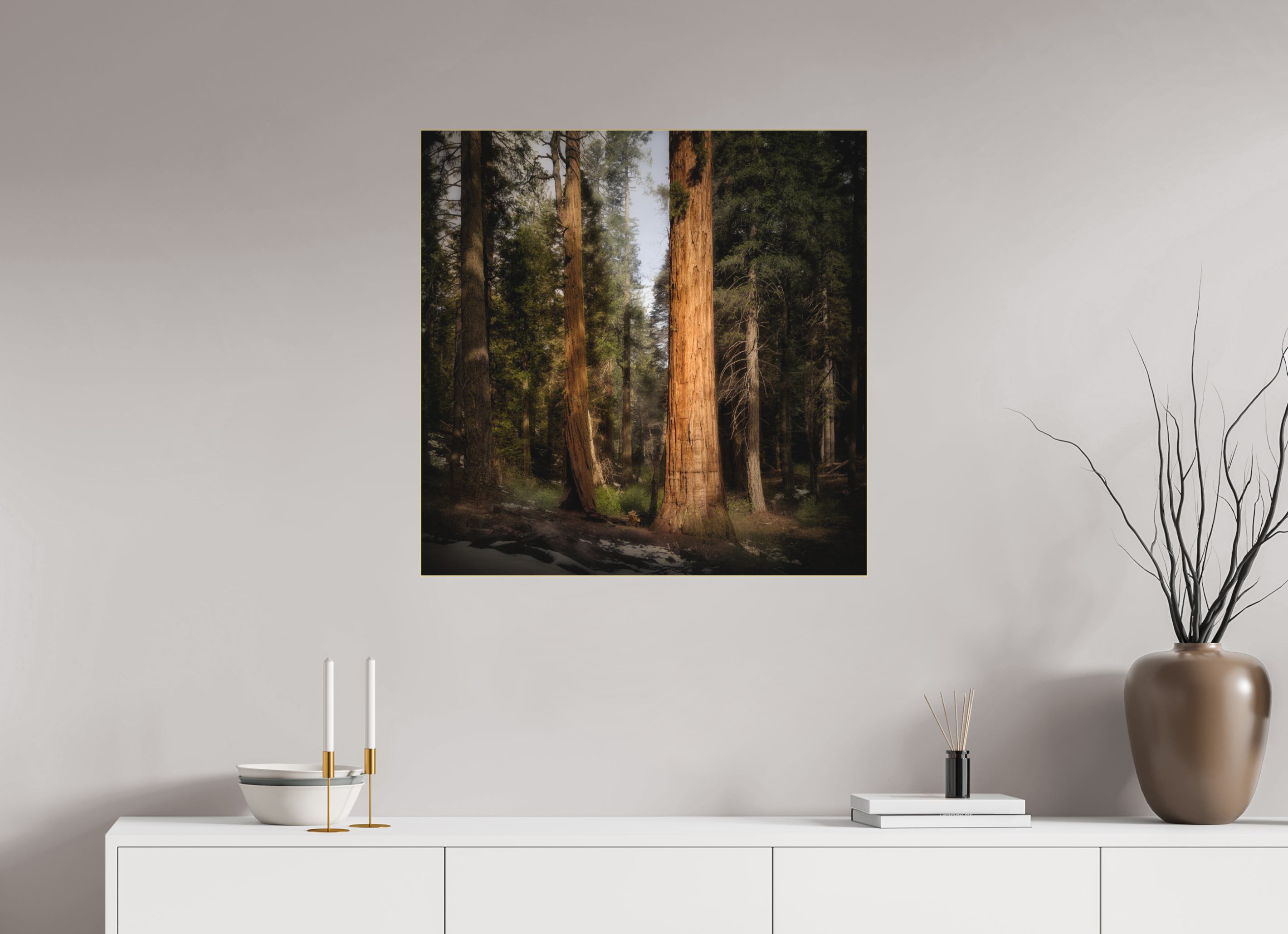 30 x 30″, Bonded Acrylic Gold Frame Northern Sentinels I: The Placer County Sequoias