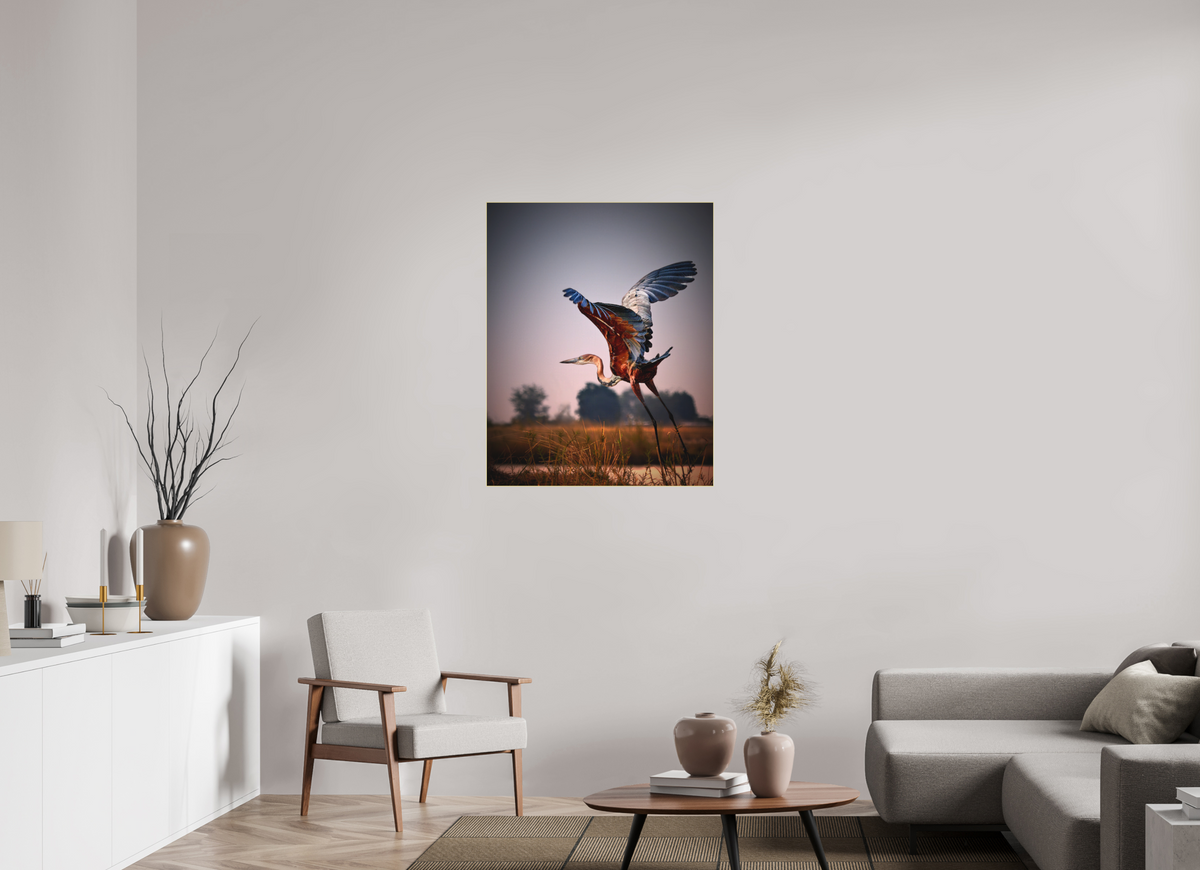 31 x 38.7″, Bonded Acrylic Gold Frame Goliath Heron Takes Flight on the Chobe River