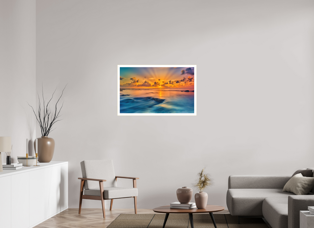 38.9 x 24″, Bonded Acrylic Mat + Gold Frame Diluvian: Bora Bora Reefside Sunrise