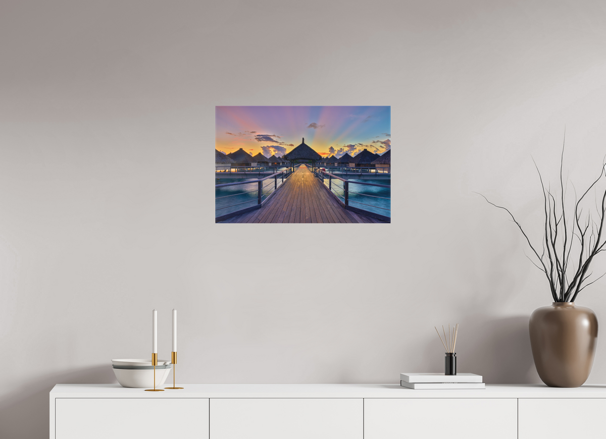 24 x 16″, Fine Art Textile Sunrise Over Bora Bora Overwater Bungalows