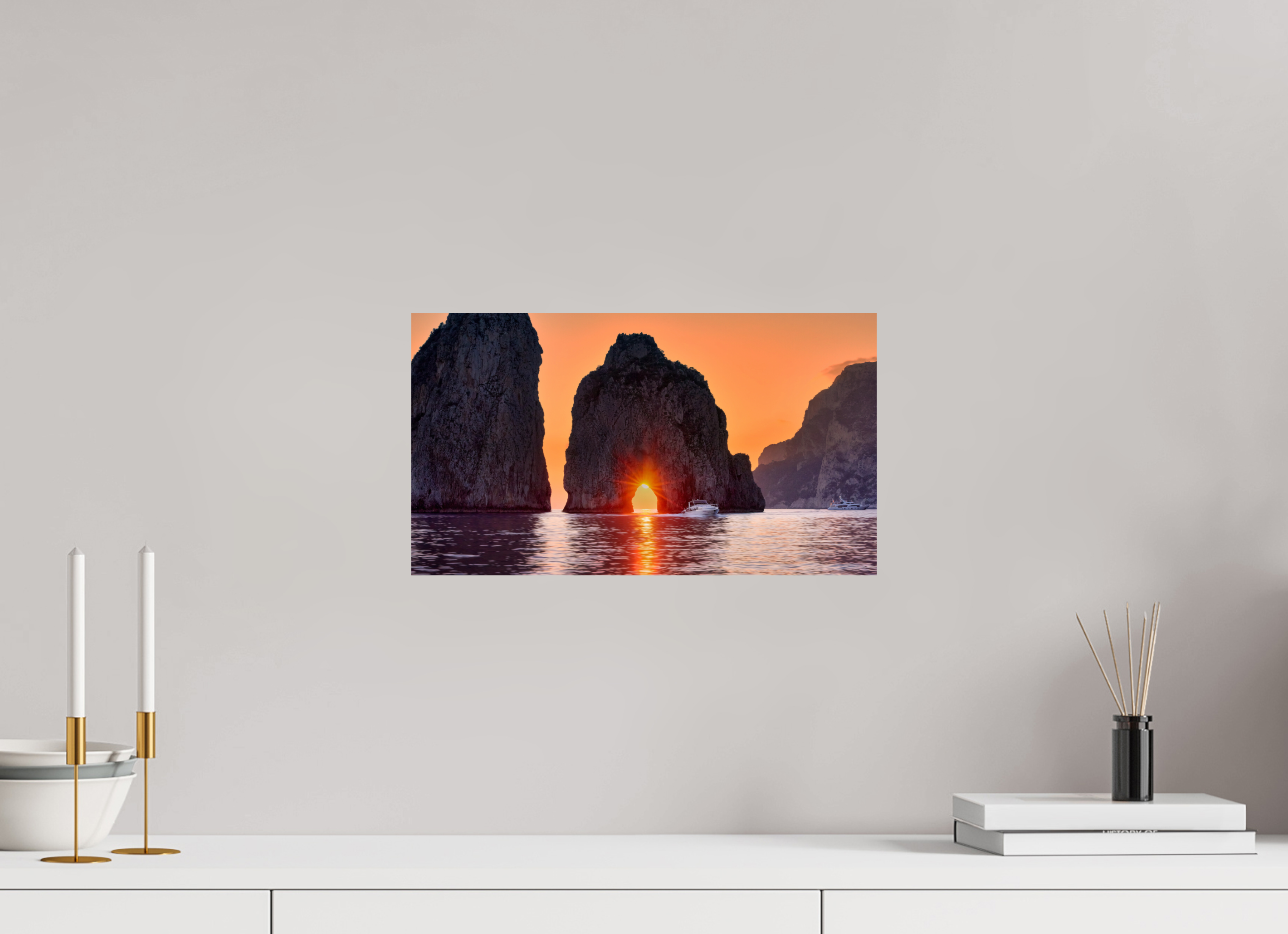 16 x 9″, Giclée Alu-Dibond Leaving Capri—Faraglioni Sunstar at Sunset