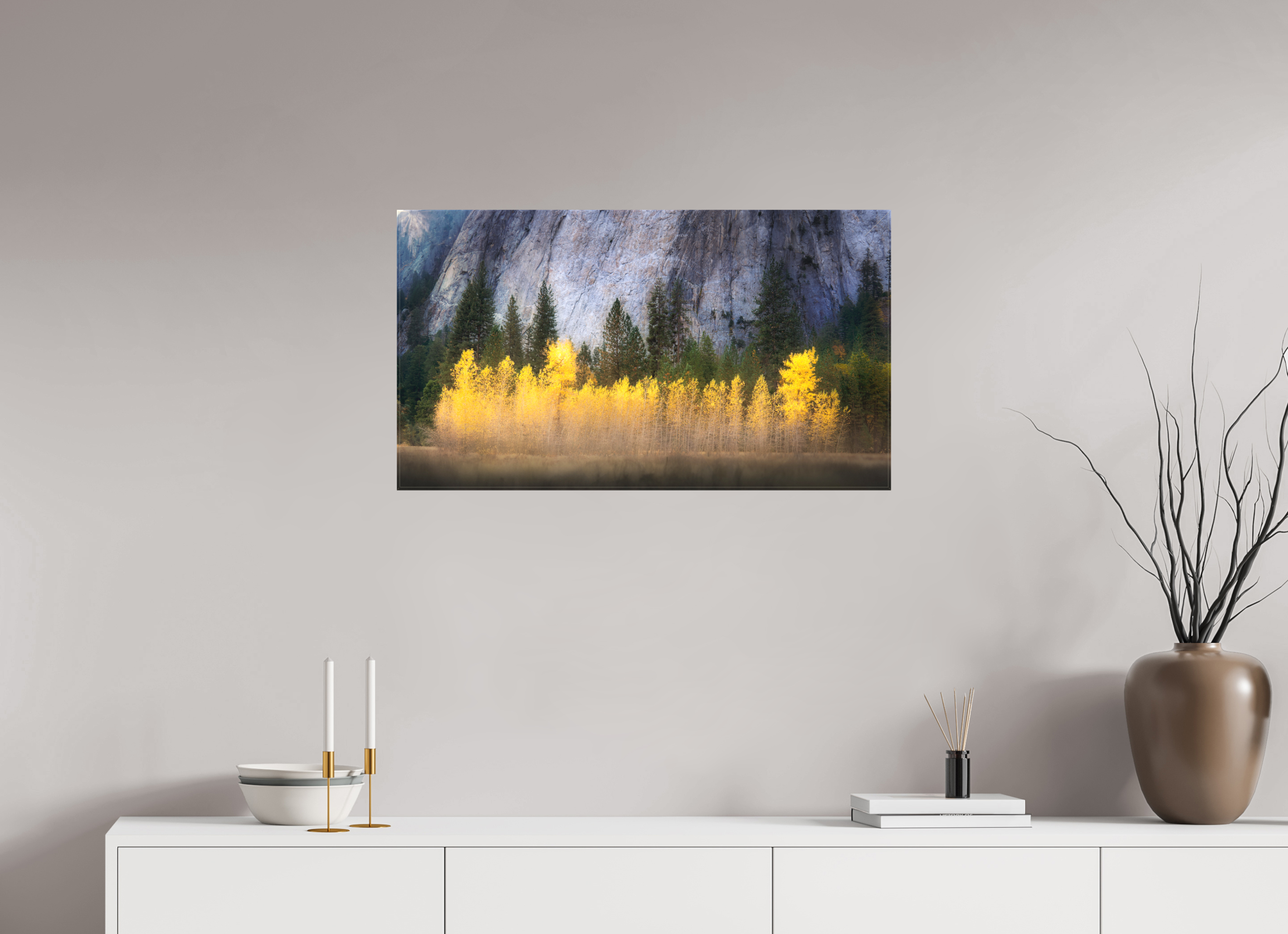 32 x 18″, Fine Art Textile Quaking Aspens Beneath Cathedral Rock