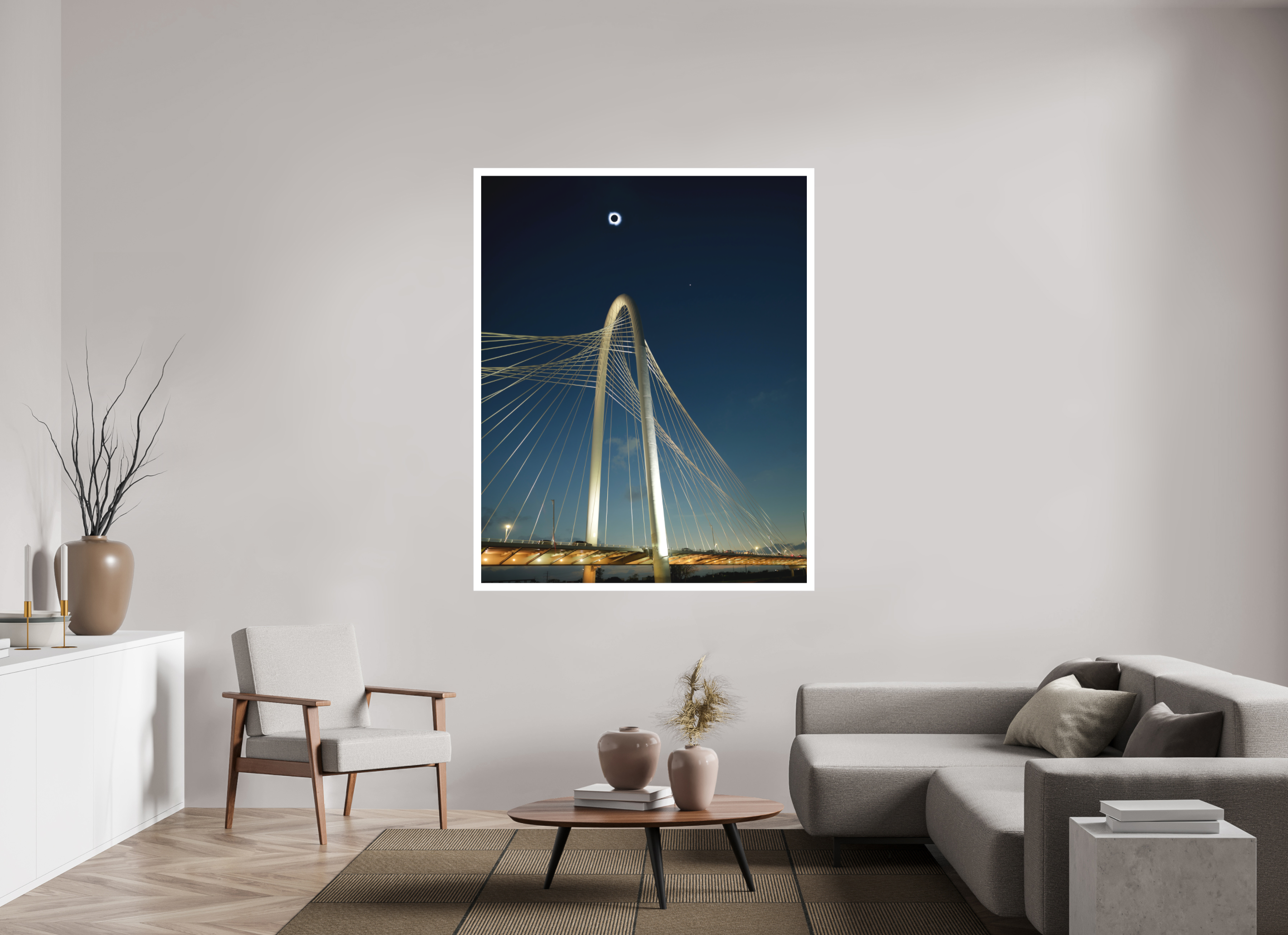 51 x 63.7″, Bonded Acrylic Mat + Silver Frame 2024 Eclipse: Over Margaret Hunt Hill Bridge