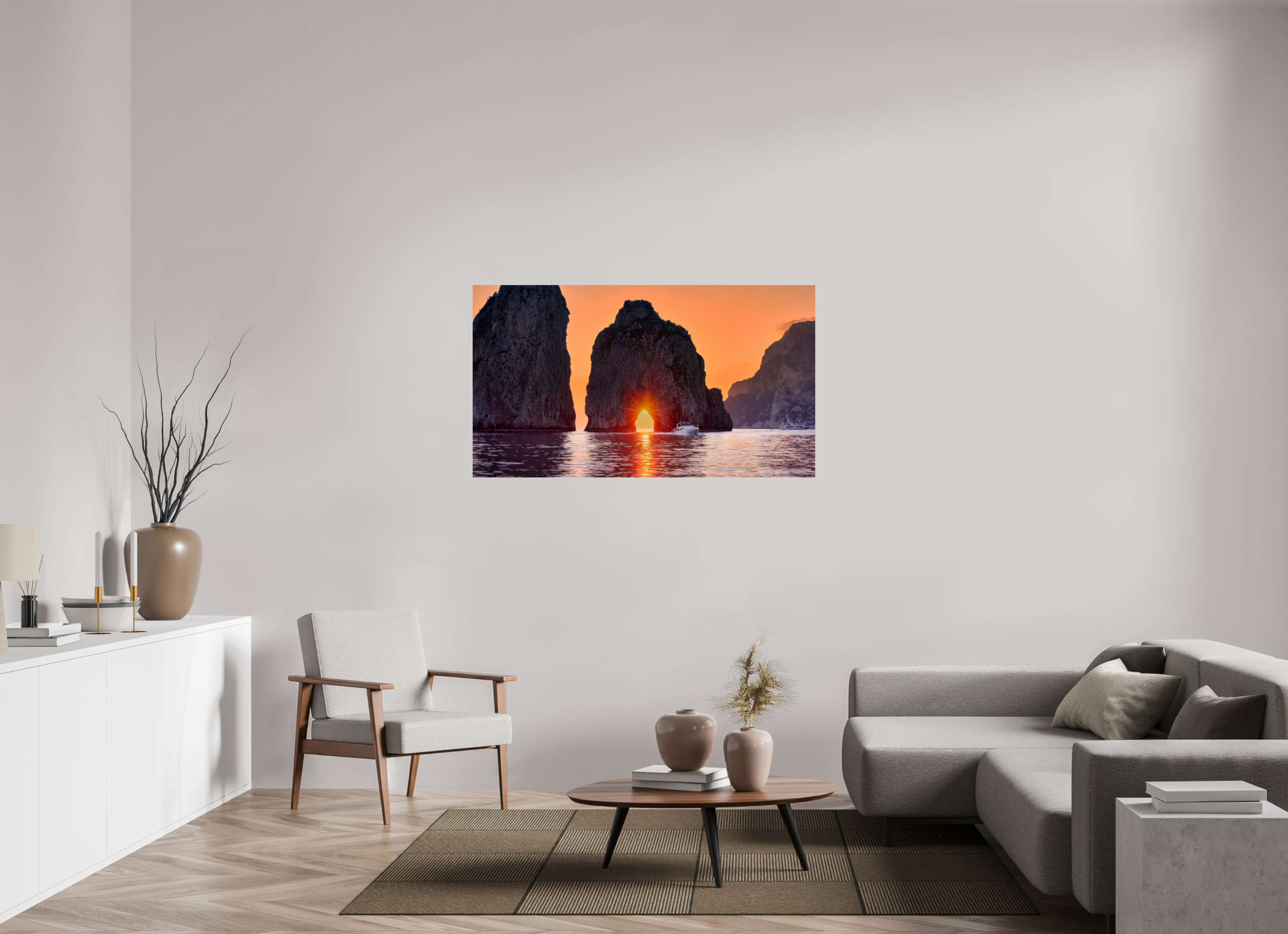 55 x 30.9″, Giclée Alu-Dibond Leaving Capri—Faraglioni Sunstar at Sunset