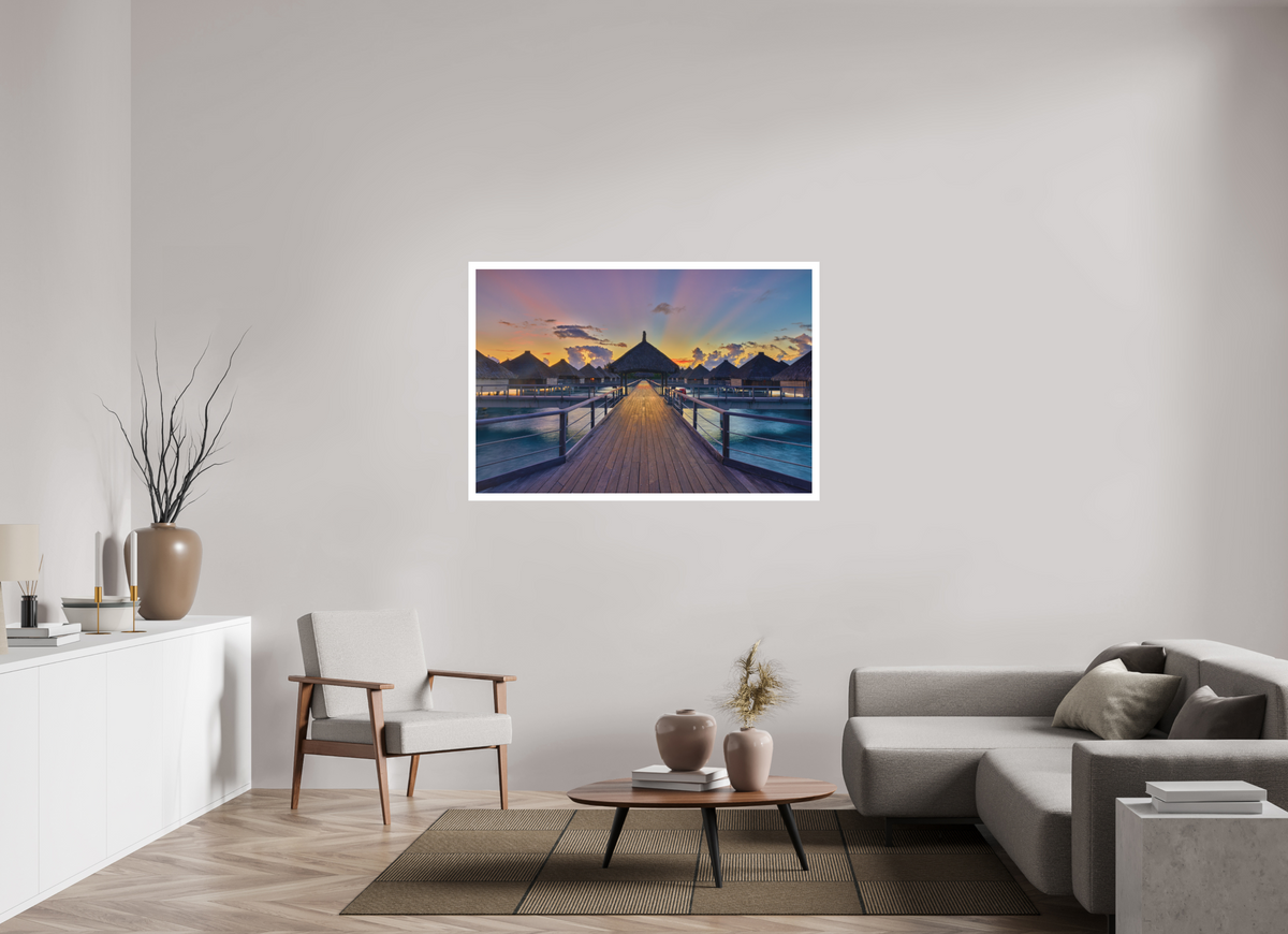 54 x 36″, Bonded Acrylic Mat + Silver Frame Sunrise Over Bora Bora Overwater Bungalows