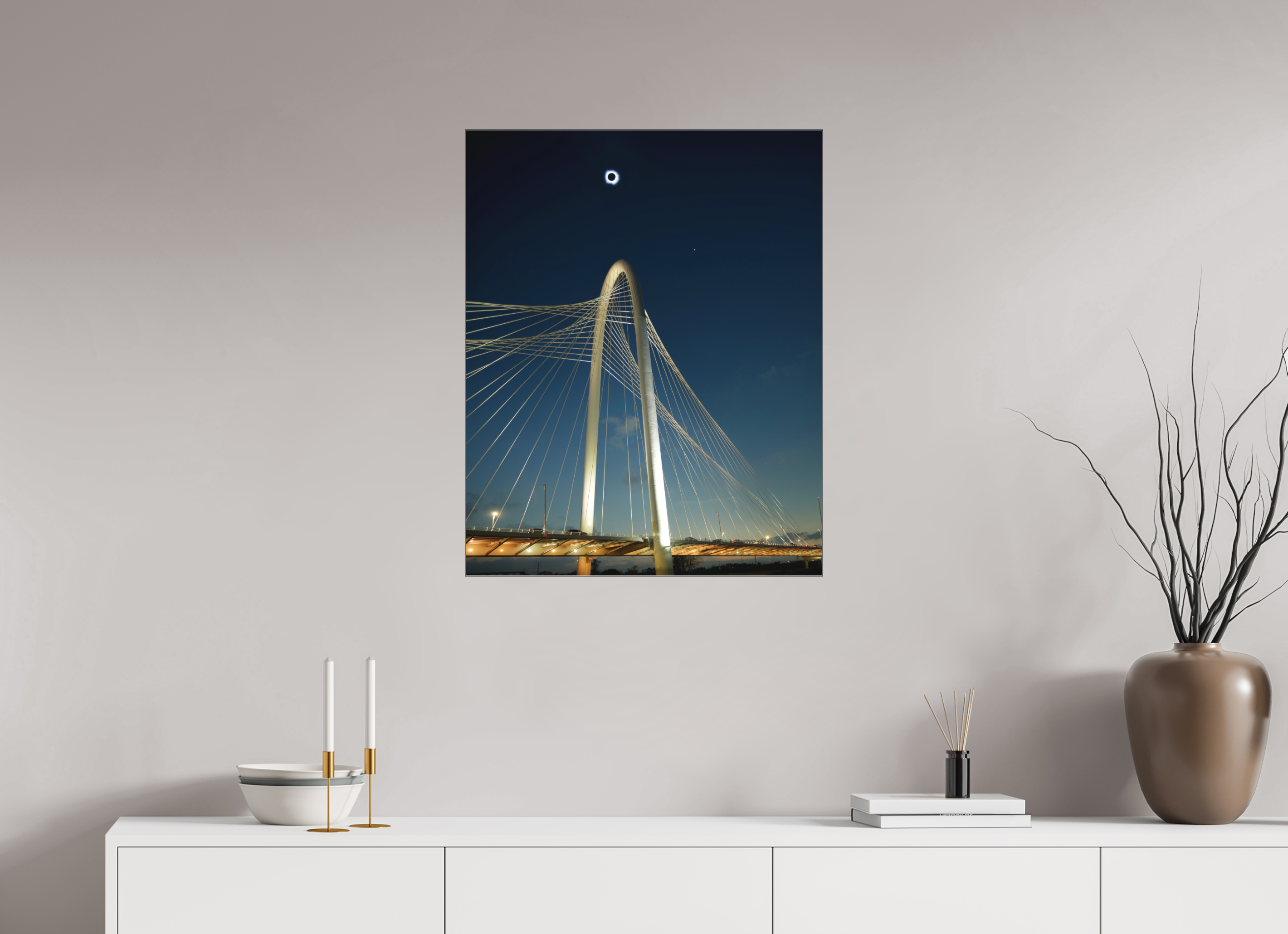 24 x 30″, Bonded Acrylic Black Frame 2024 Eclipse: Over Margaret Hunt Hill Bridge