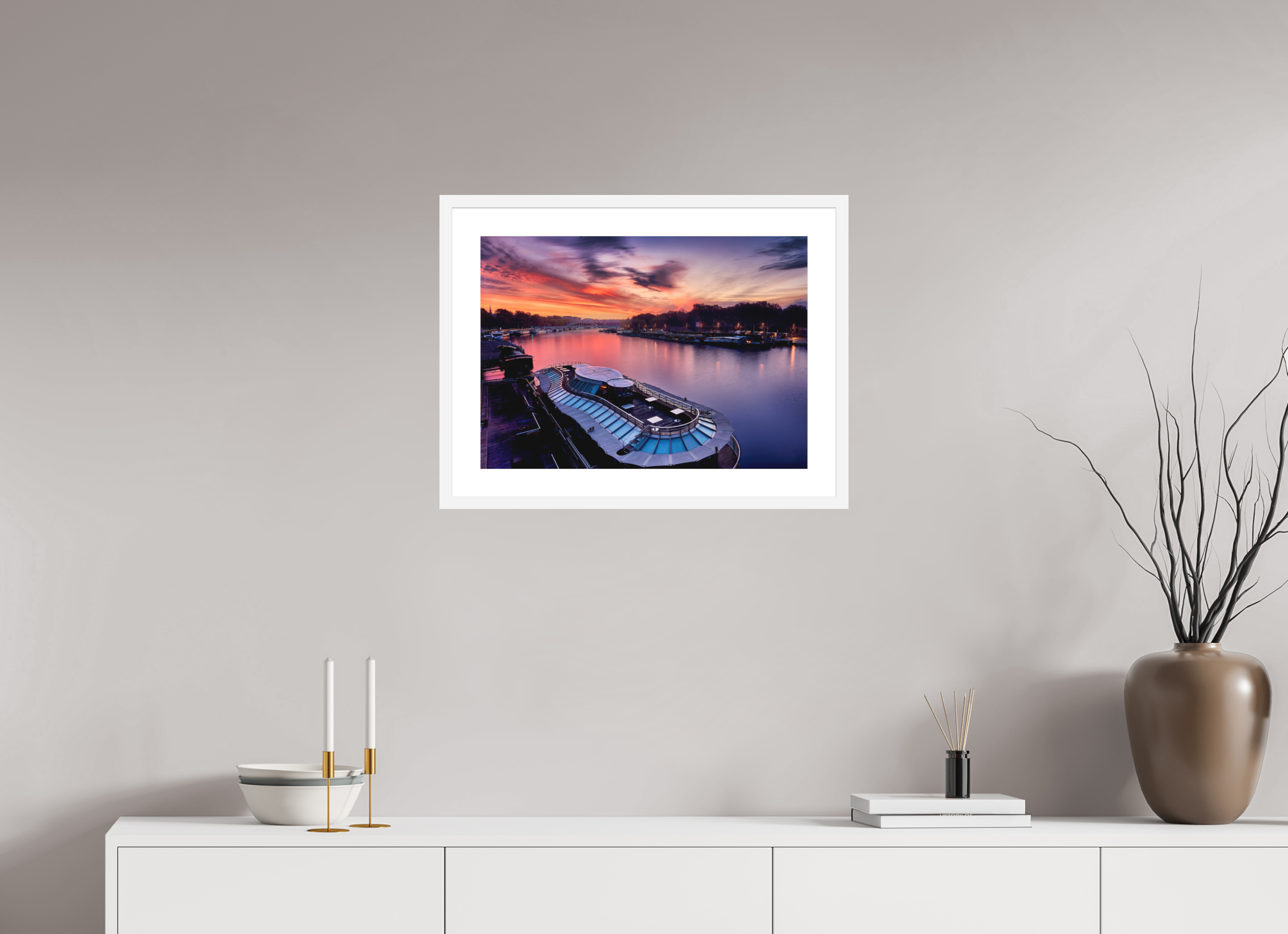 22.3 x 16″, Passe-Partout White Frame Canal Boats On the River Seine at Dawn