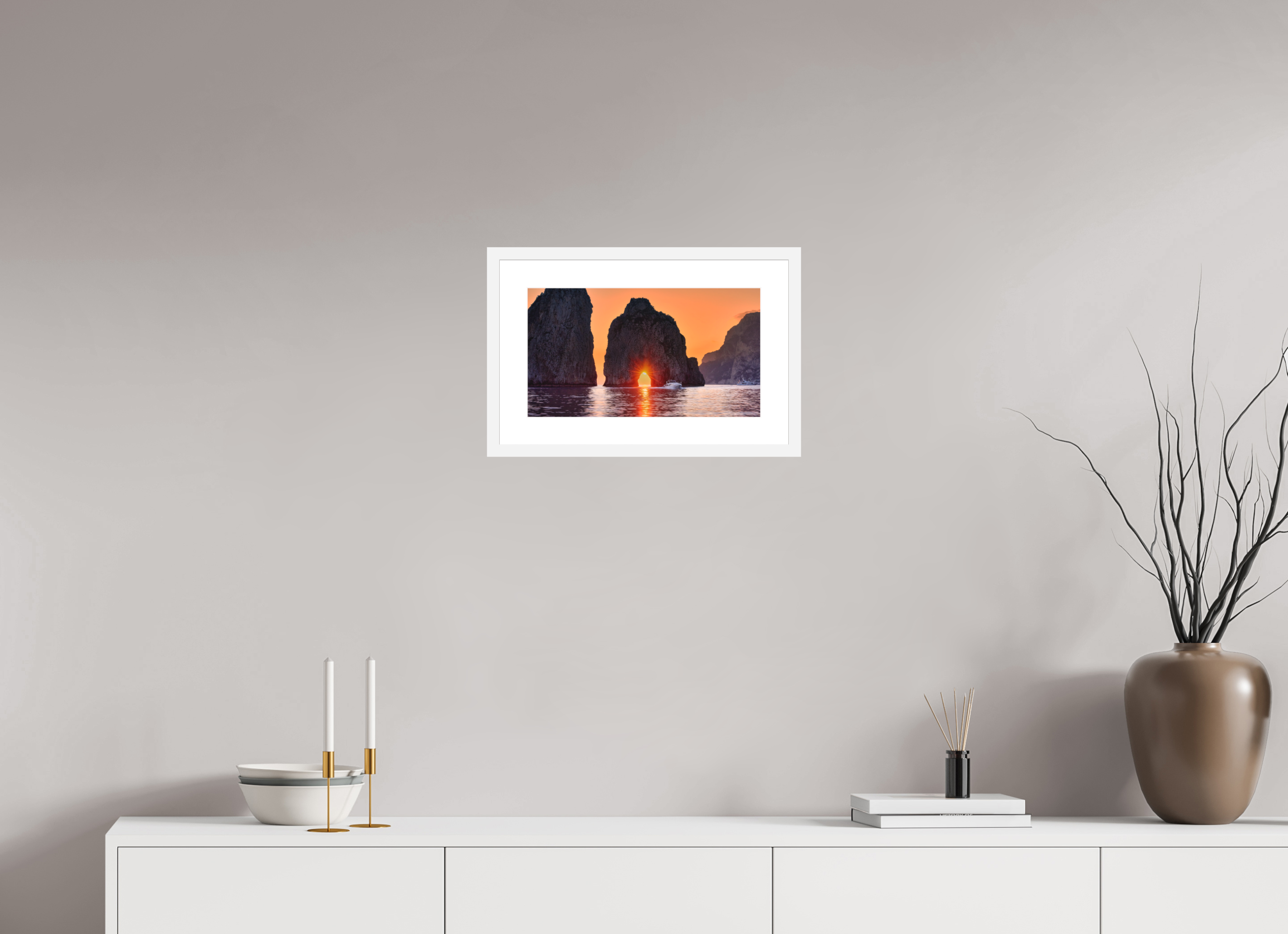 16 x 9″, Passe-Partout White Frame Leaving Capri—Faraglioni Sunstar at Sunset