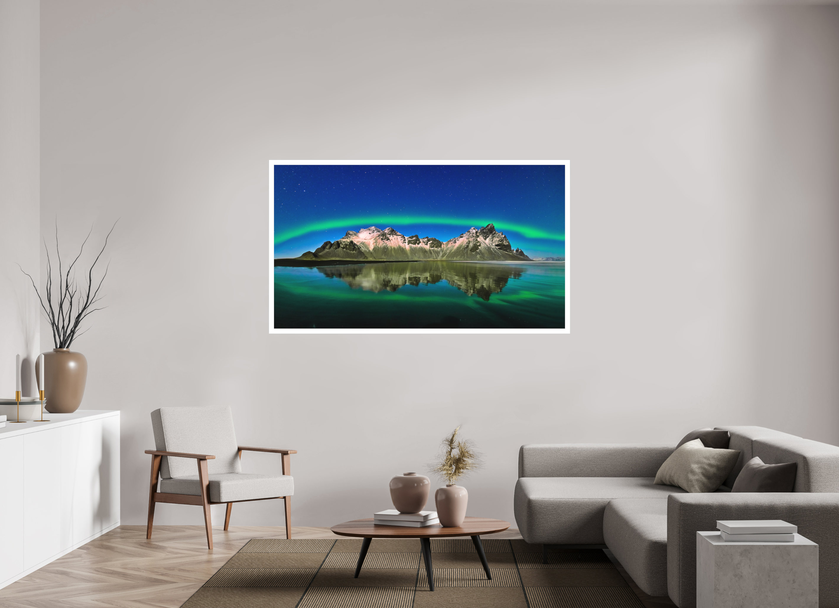 70 x 39.4″, Fine Art Bonded Acrylic Aurora Over Vestrahorn