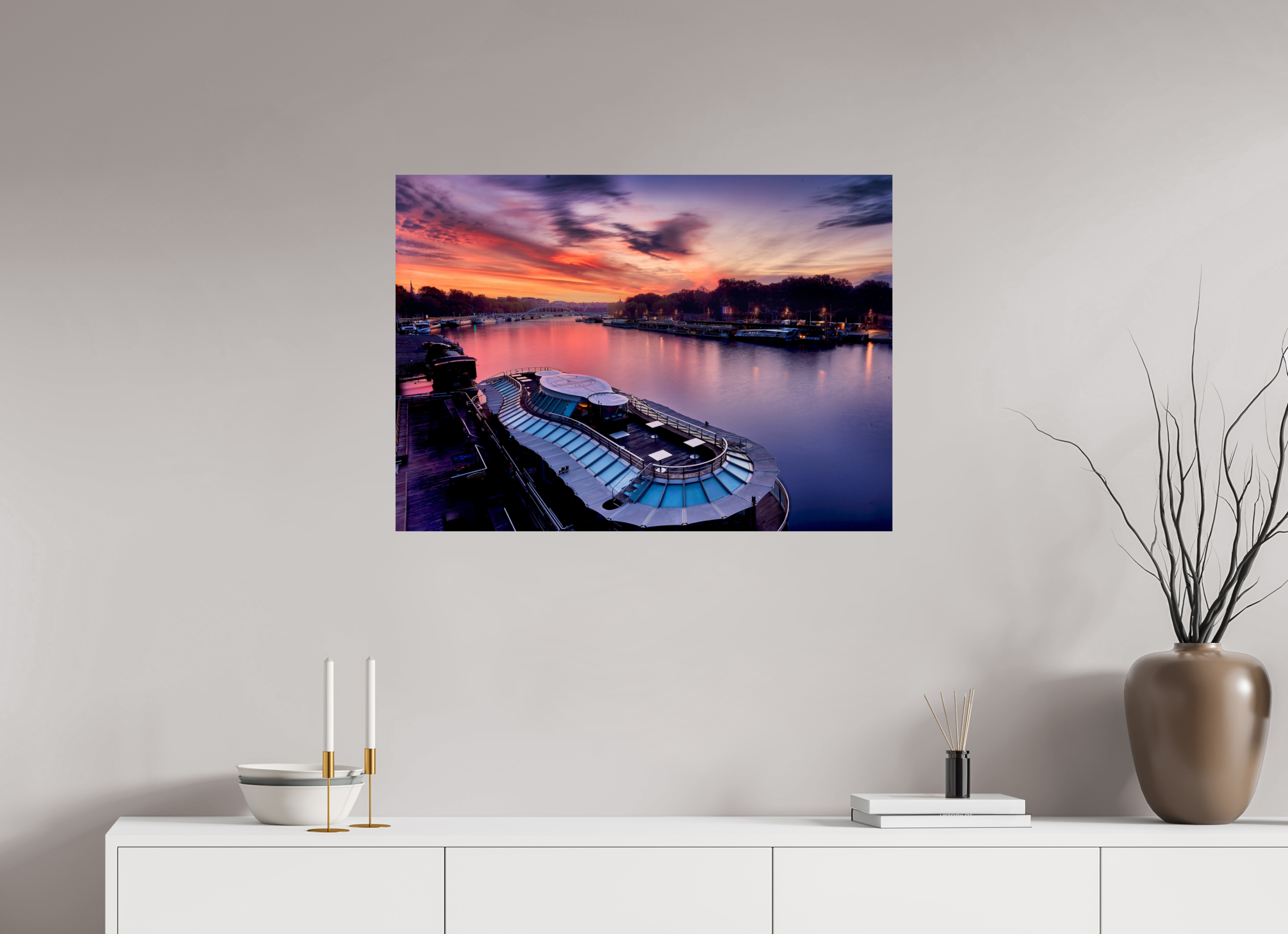33.5 x 24″, Giclée Alu-Dibond Canal Boats On the River Seine at Dawn