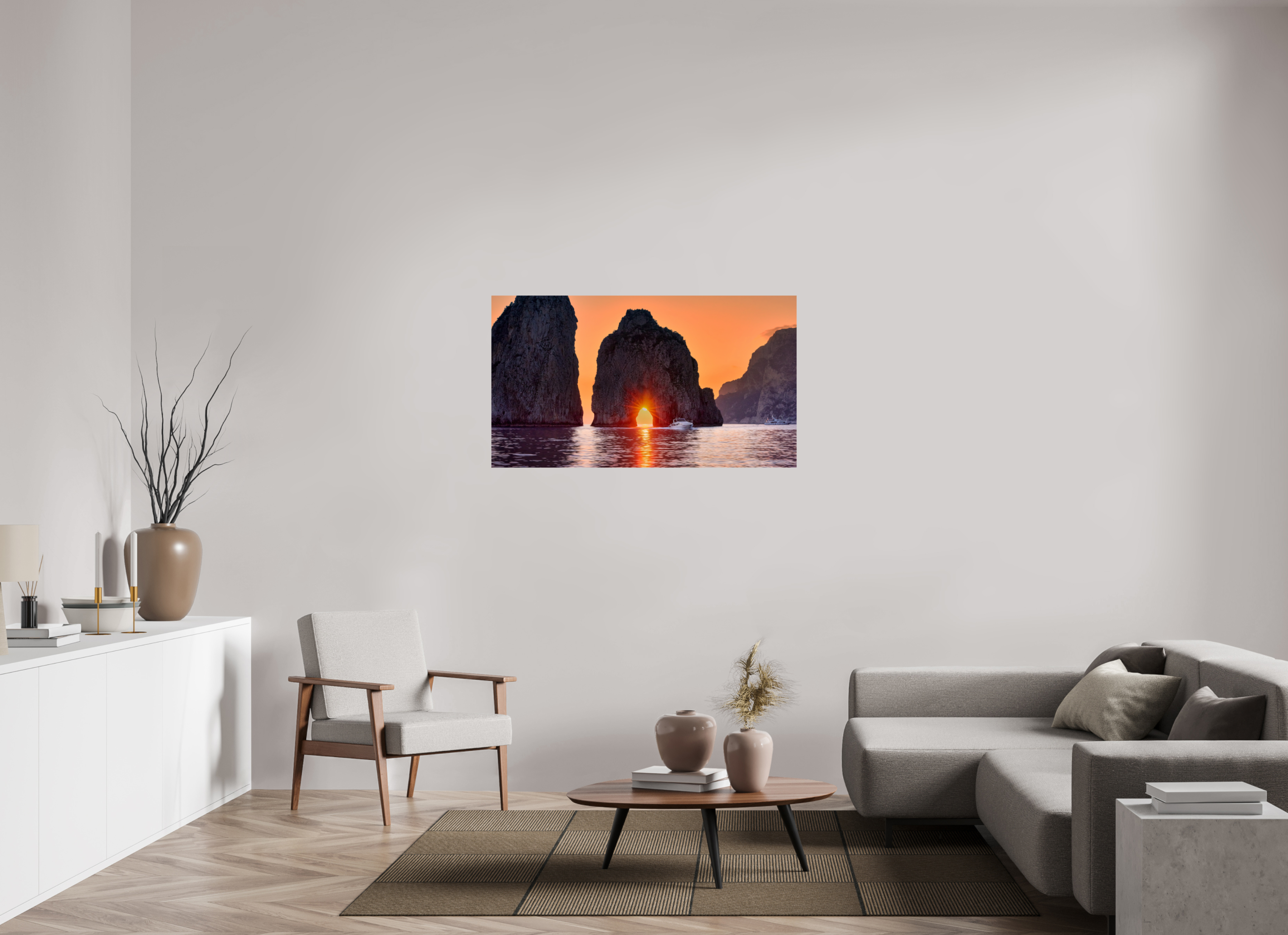 49 x 27.6″, Giclée Alu-Dibond Leaving Capri—Faraglioni Sunstar at Sunset