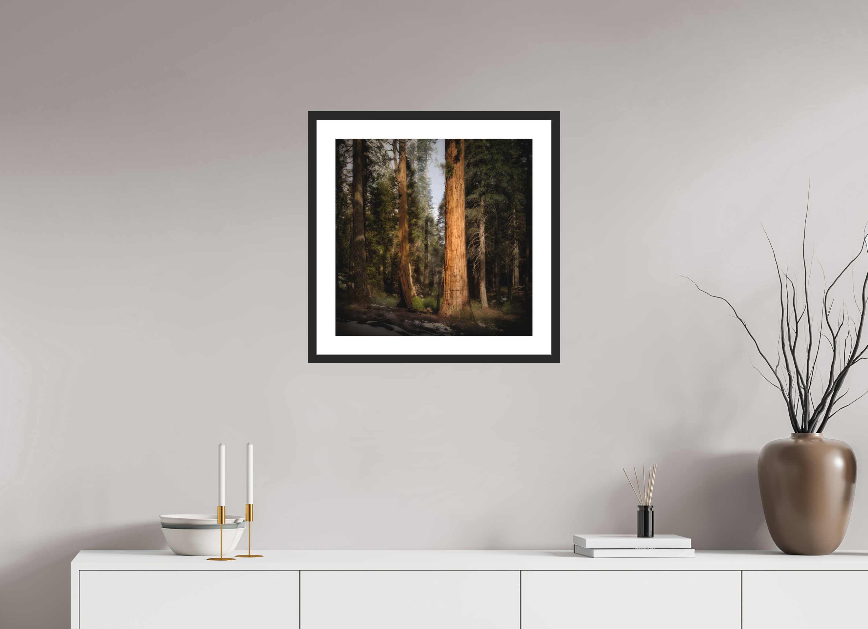 20 x 20″, Passe-Partout Black Frame Northern Sentinels I: The Placer County Sequoias