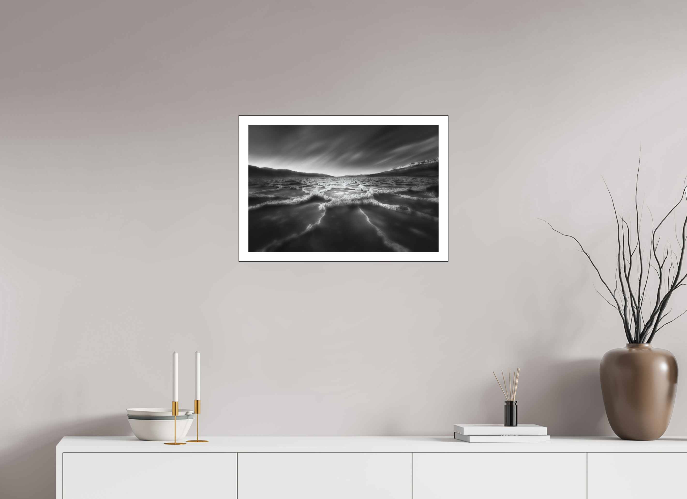 24 x 16″, Bonded Acrylic Mat + Black Frame Death Valley's Badwater Basin in Monochrome