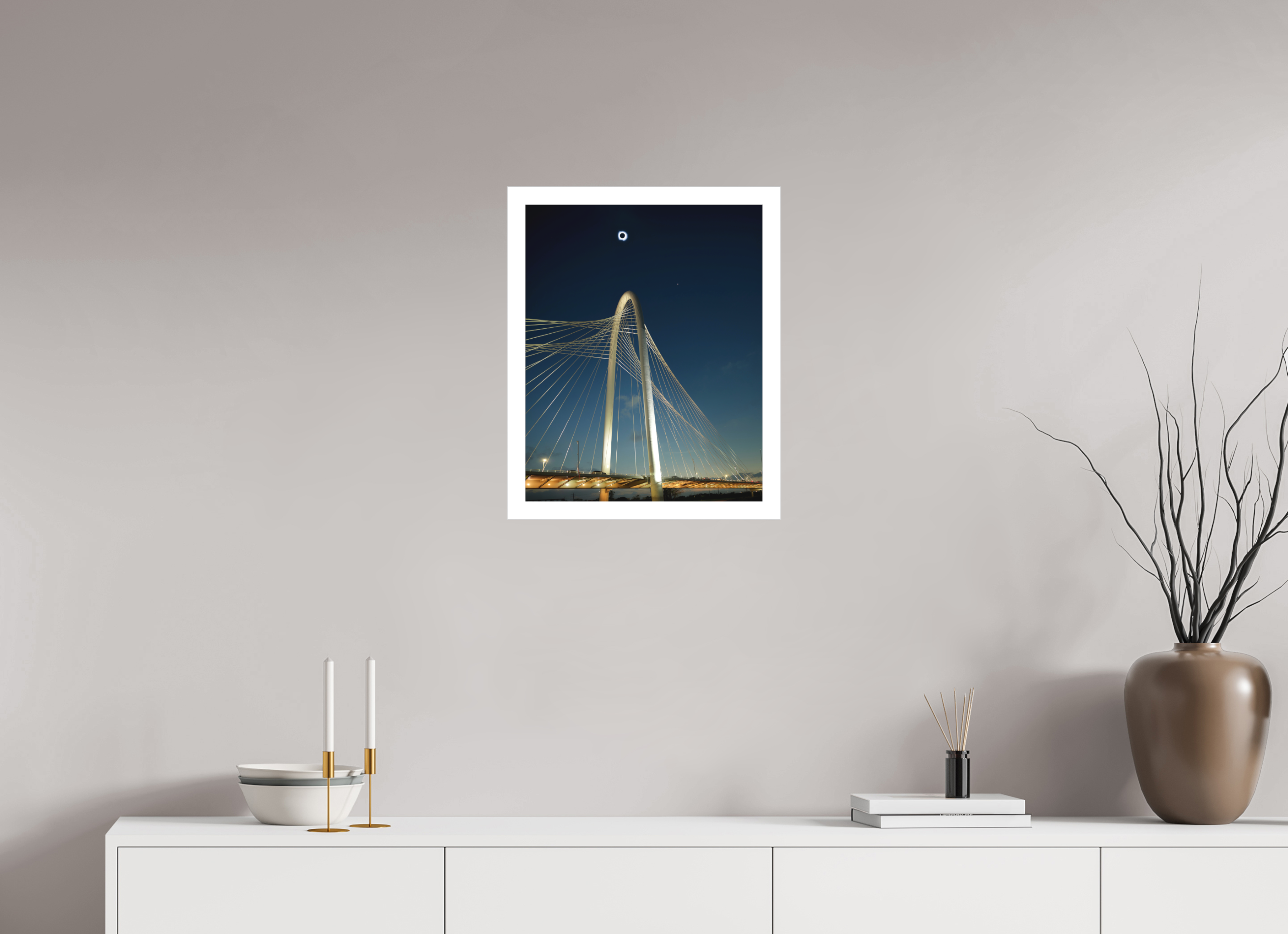 16 x 20″, Bonded Acrylic Mat + Silver Frame 2024 Eclipse: Over Margaret Hunt Hill Bridge