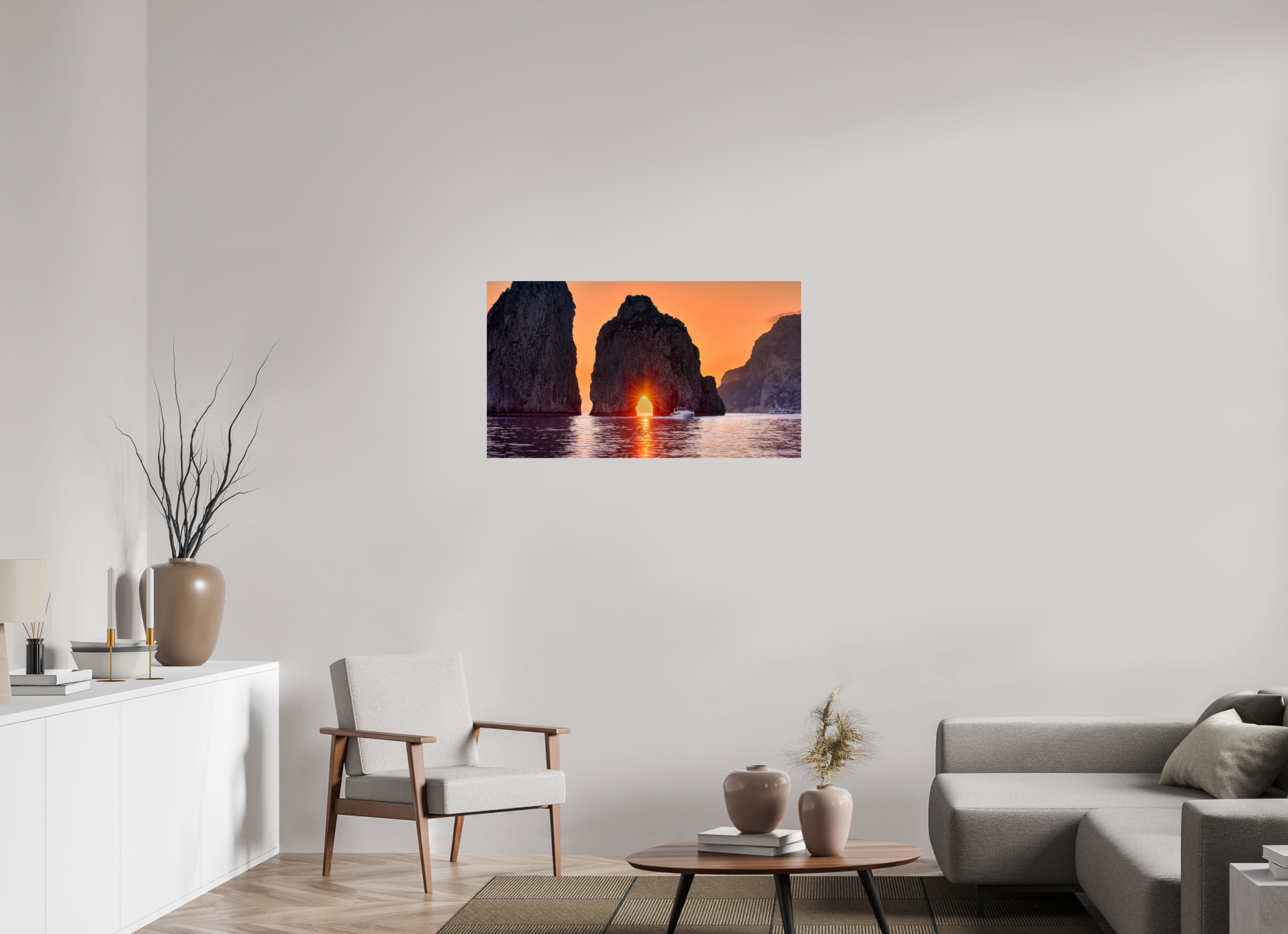 40 x 22.5″, Giclée Alu-Dibond Leaving Capri—Faraglioni Sunstar at Sunset