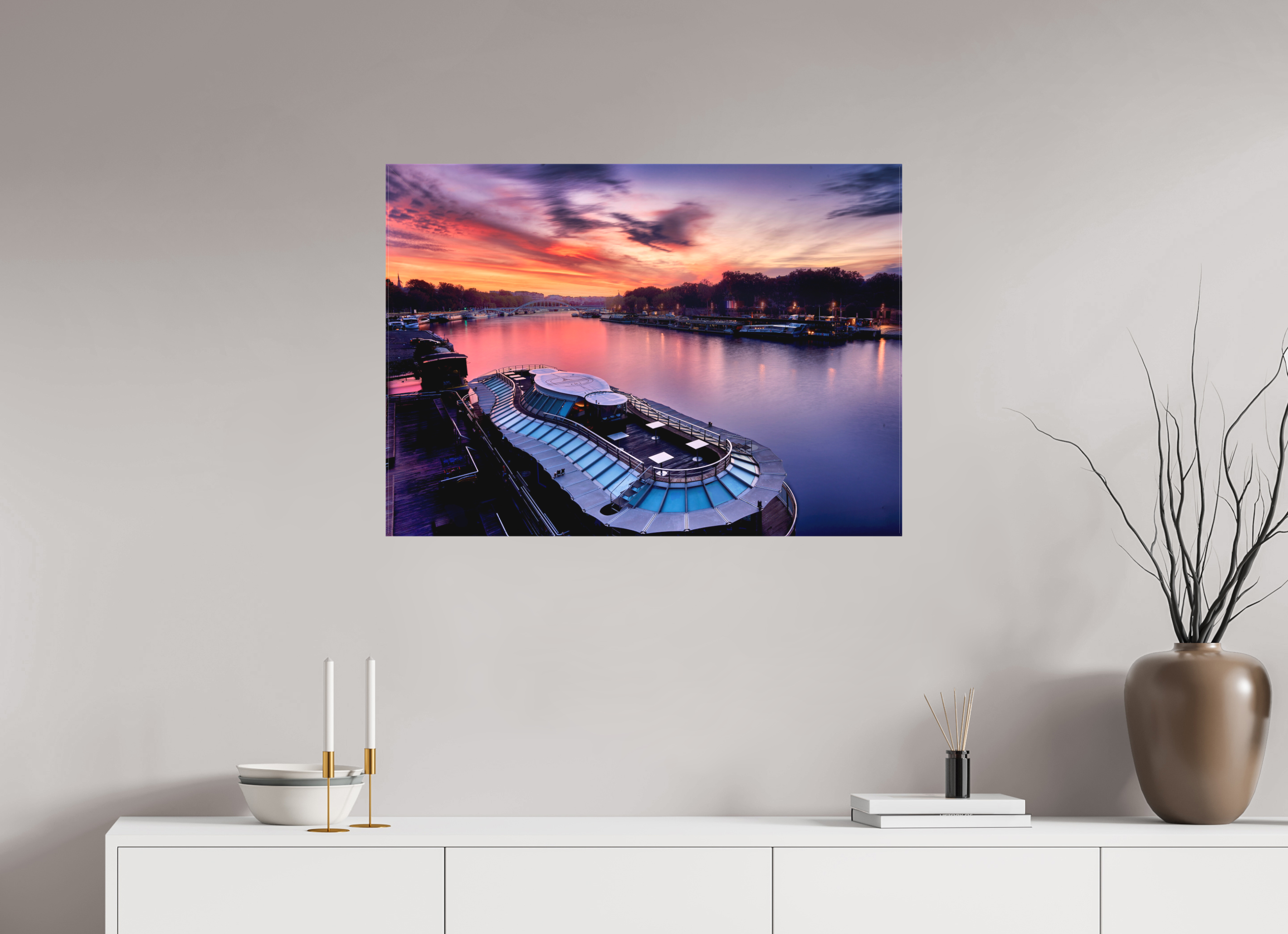 33.5 x 24″, Fine Art Textile Canal Boats On the River Seine at Dawn