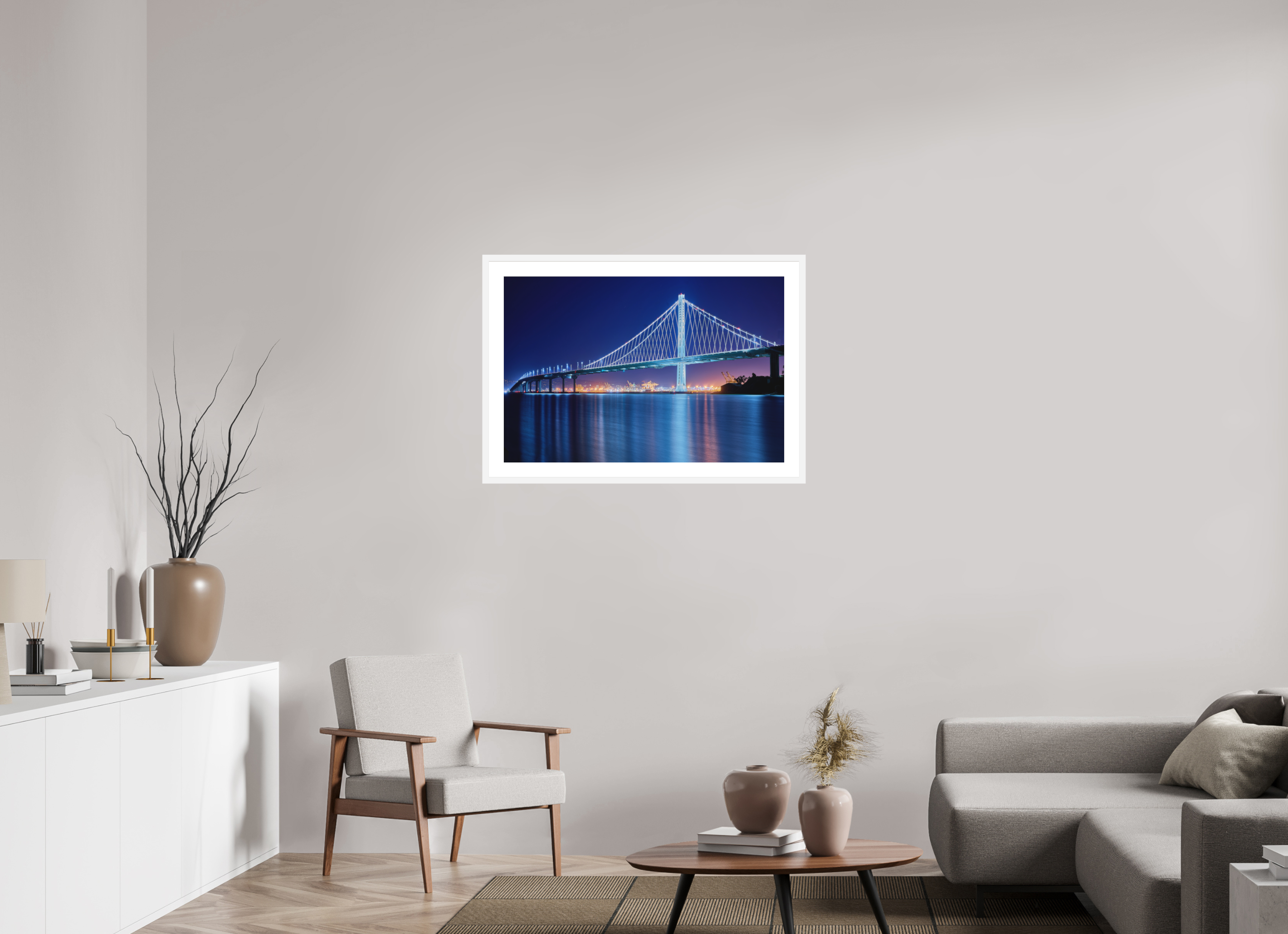36 x 24″, Passe-Partout White Frame The Bay Bridge at Night