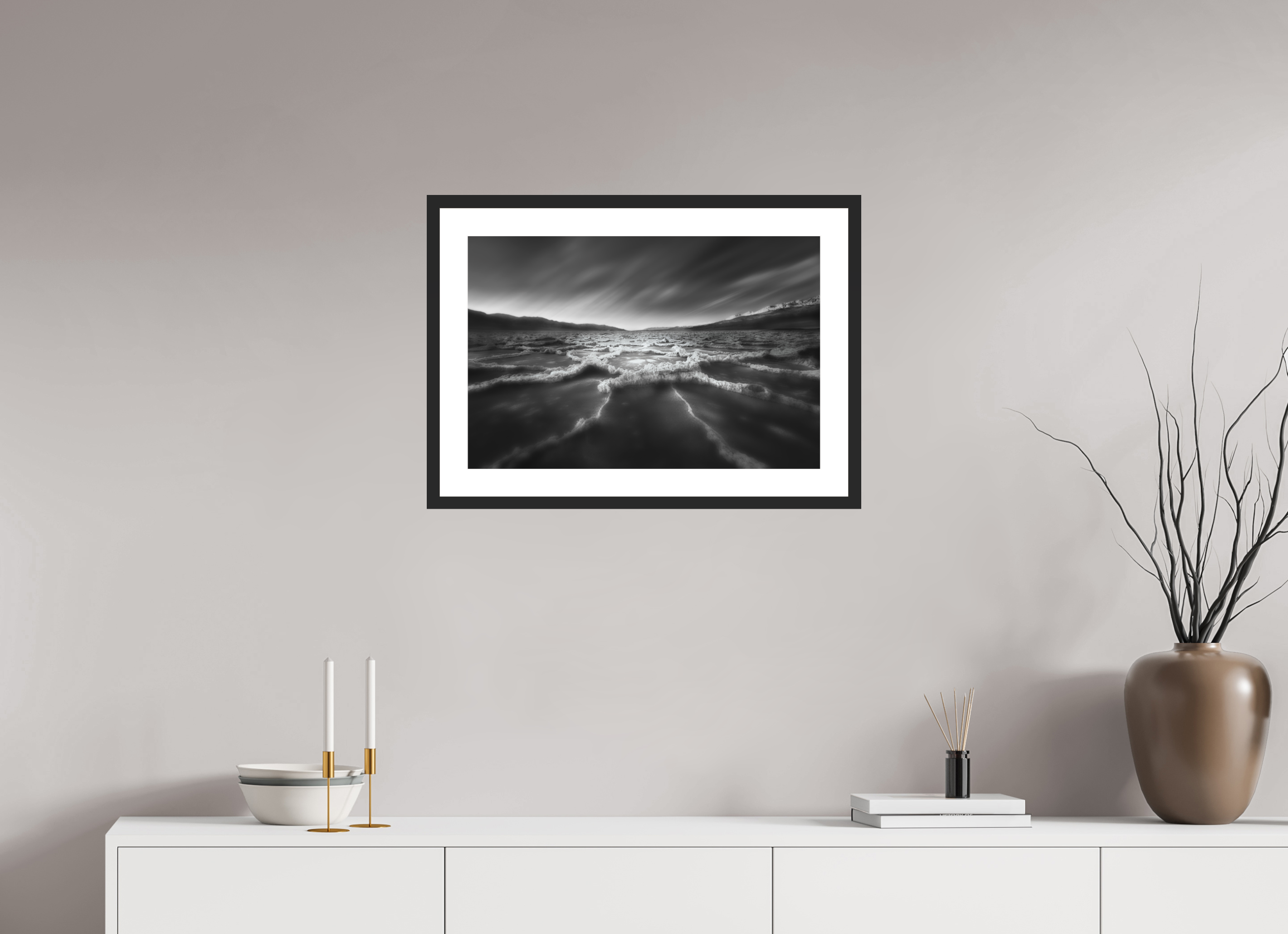 24 x 16″, Passe-Partout Black Frame Death Valley's Badwater Basin in Monochrome